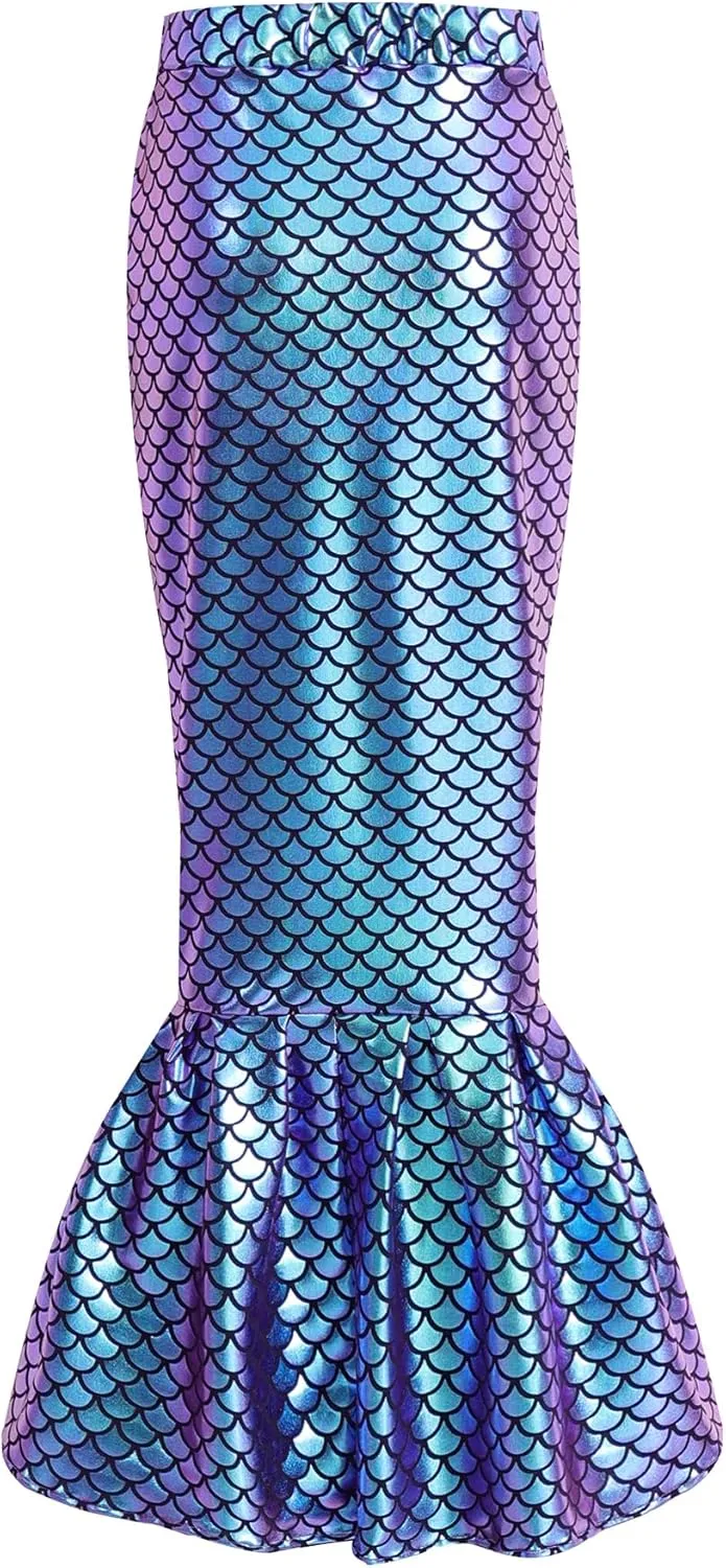 Girls Shiny Mermaid Skirts Dress Outfits Festival Long Skirt with Same Color Accessories 4-12 Years