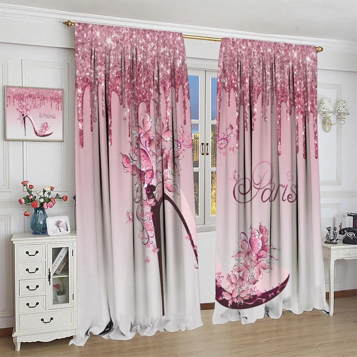 Girls Pink Curtains Flowers Butterfly High Heels Woman Couple Bedroom Decor Fantasy Glitter Romantic Paris Valentine Day Gifts Window Drapes for Living Room Kitchen Cafe W26xL84in 2 Panels