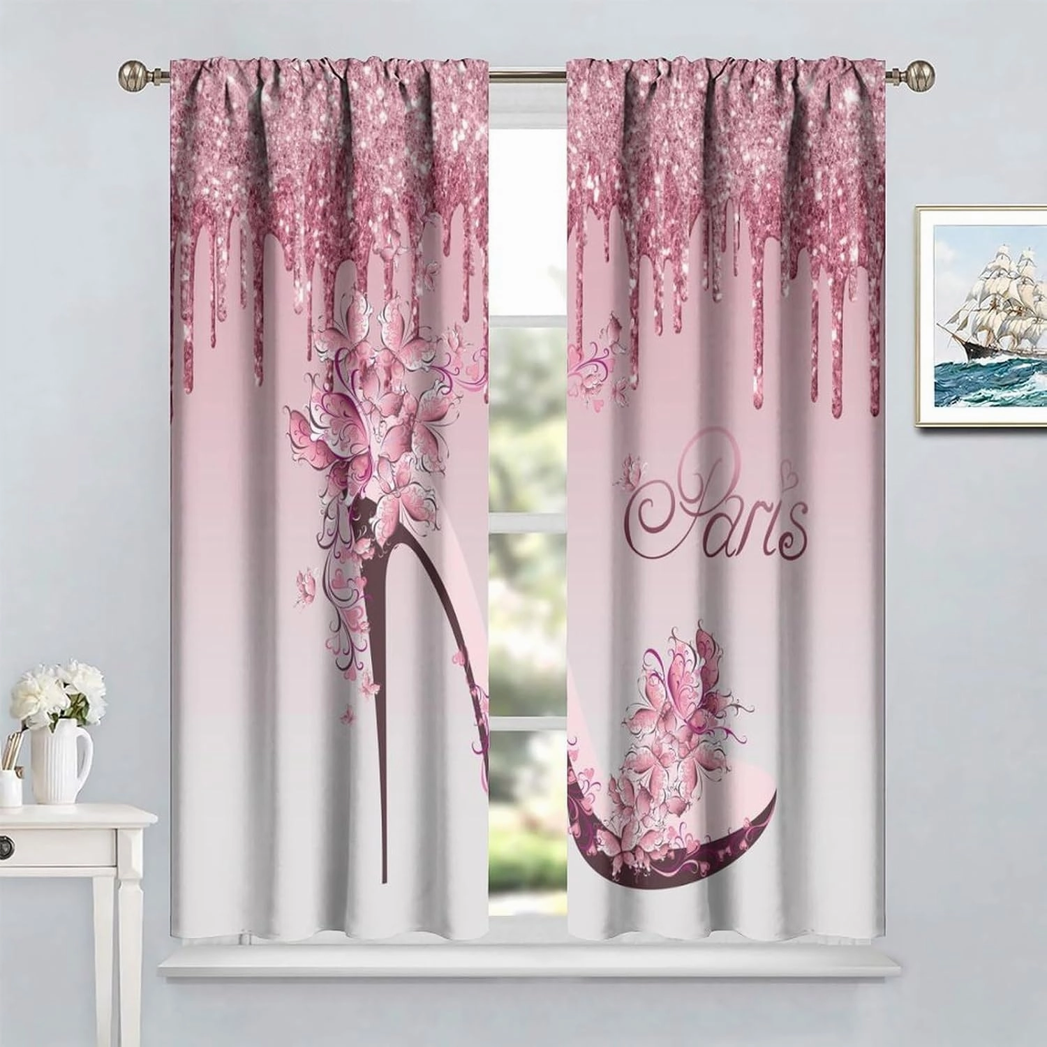 Girls Pink Curtains Flowers Butterfly High Heels Woman Couple Bedroom Decor Fantasy Glitter Romantic Paris Valentine Day Gifts Window Drapes for Living Room Kitchen Cafe W26xL84in 2 Panels