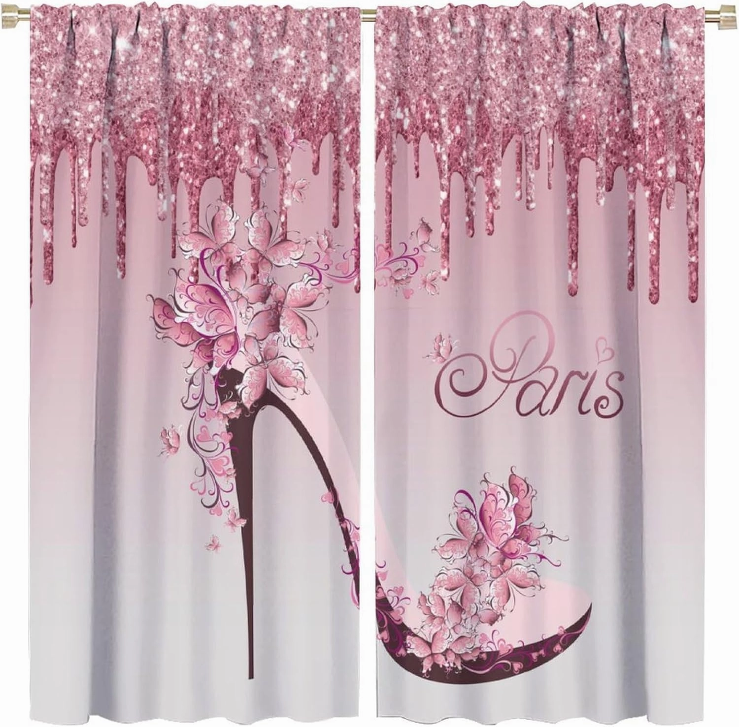 Girls Pink Curtains Flowers Butterfly High Heels Woman Couple Bedroom Decor Fantasy Glitter Romantic Paris Valentine Day Gifts Window Drapes for Living Room Kitchen Cafe W26xL84in 2 Panels