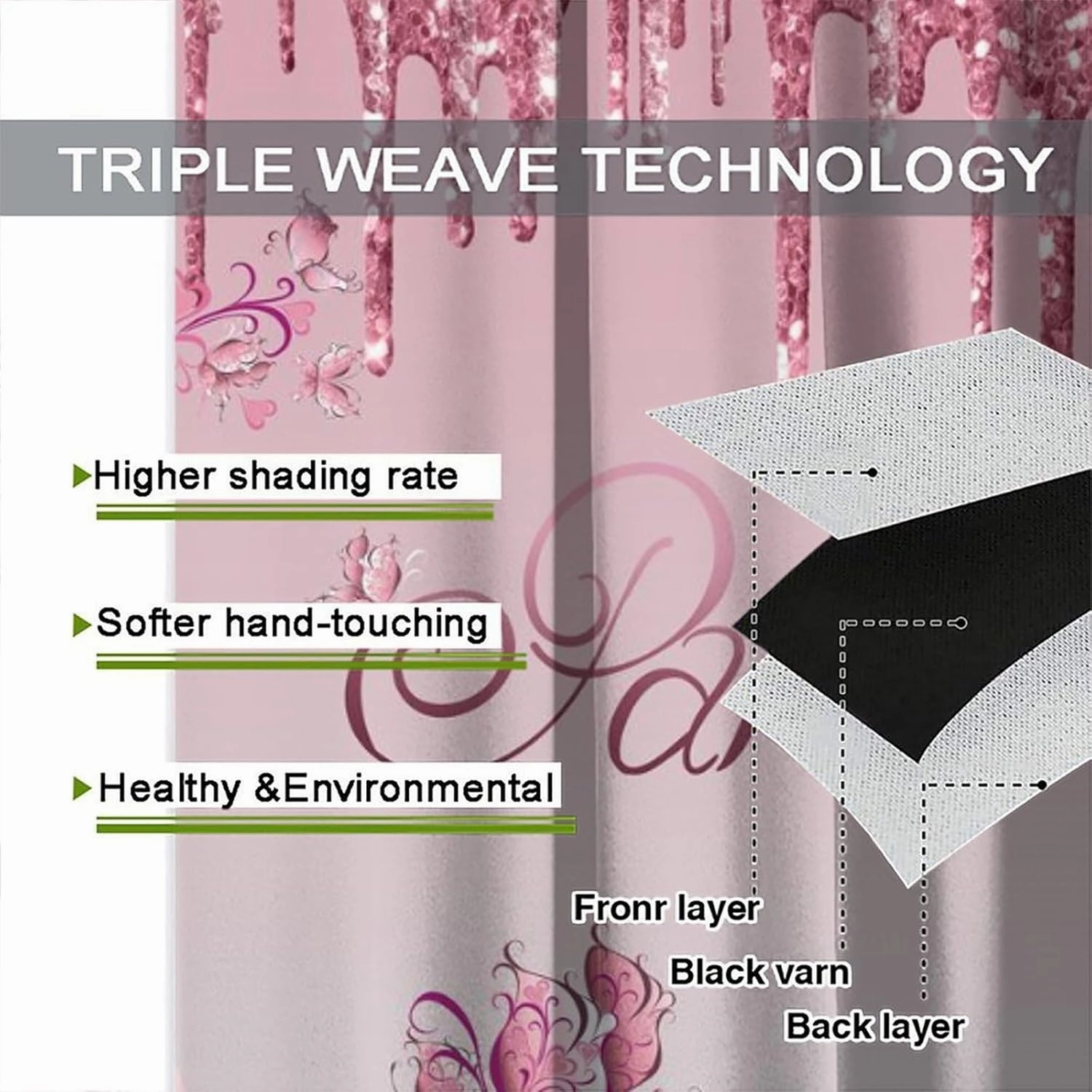 Girls Pink Curtains Flowers Butterfly High Heels Woman Couple Bedroom Decor Fantasy Glitter Romantic Paris Valentine Day Gifts Window Drapes for Living Room Kitchen Cafe W26xL84in 2 Panels