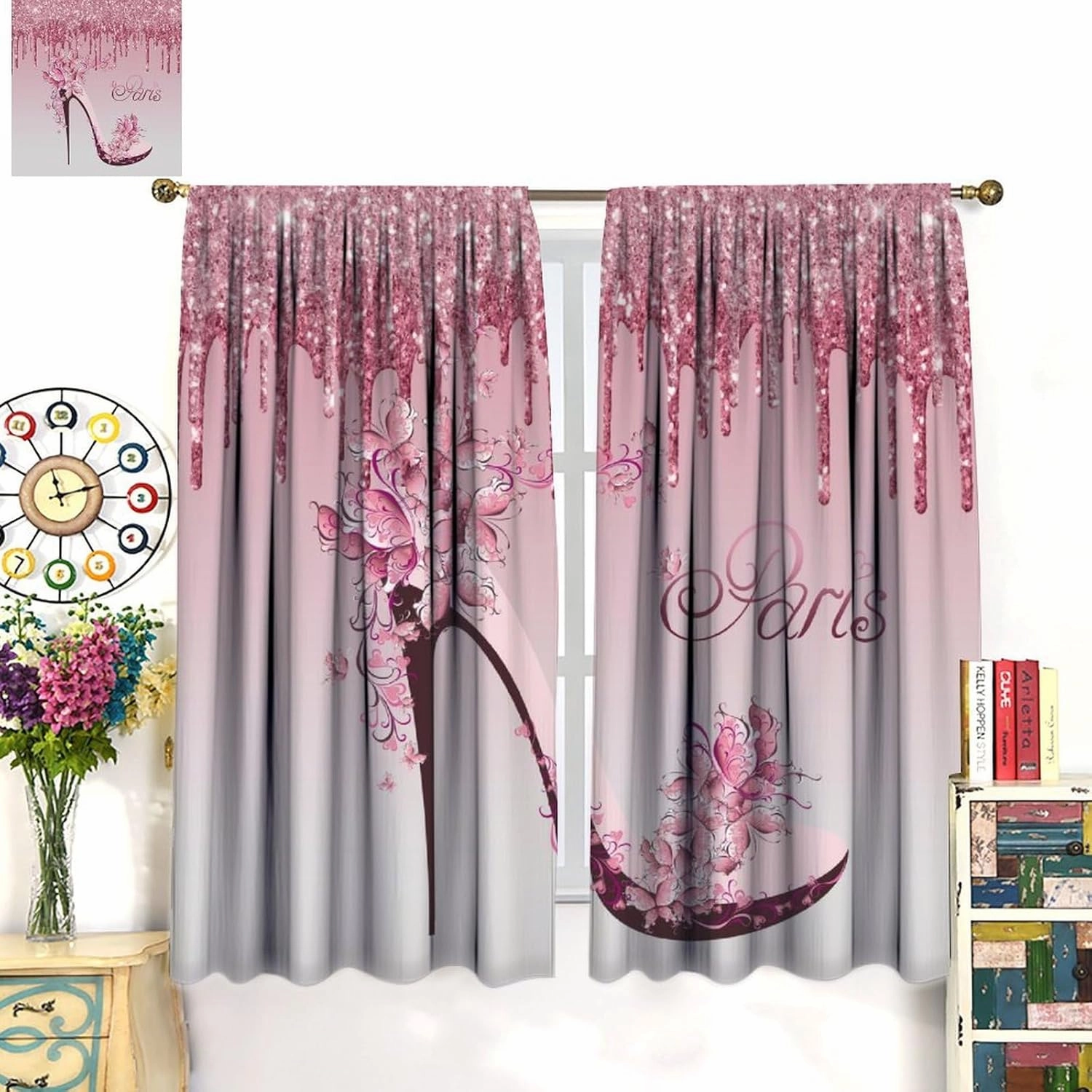 Girls Pink Curtains Flowers Butterfly High Heels Woman Couple Bedroom Decor Fantasy Glitter Romantic Paris Valentine Day Gifts Window Drapes for Living Room Kitchen Cafe W26xL84in 2 Panels