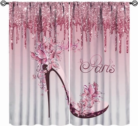 Girls Pink Curtains Flowers Butterfly High Heels Woman Couple Bedroom Decor Fantasy Glitter Romantic Paris Valentine Day Gifts Window Drapes for Living Room Kitchen Cafe W26xL84in 2 Panels