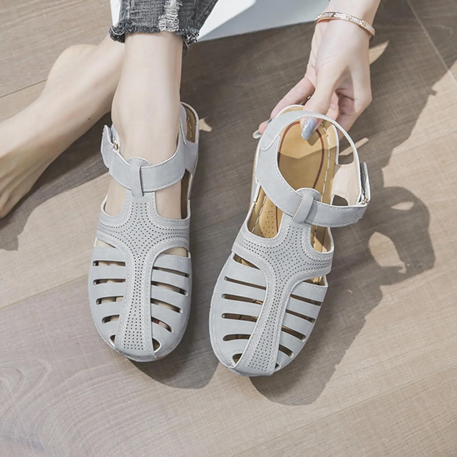 Gladiator Sandals for Women Orthopedic Closed Toe Non Slip Wedge Sandals Breathable Hollow Out Hook and Loop Fastener Slides Sandal Soft Cushion Wedge Walking Shoes