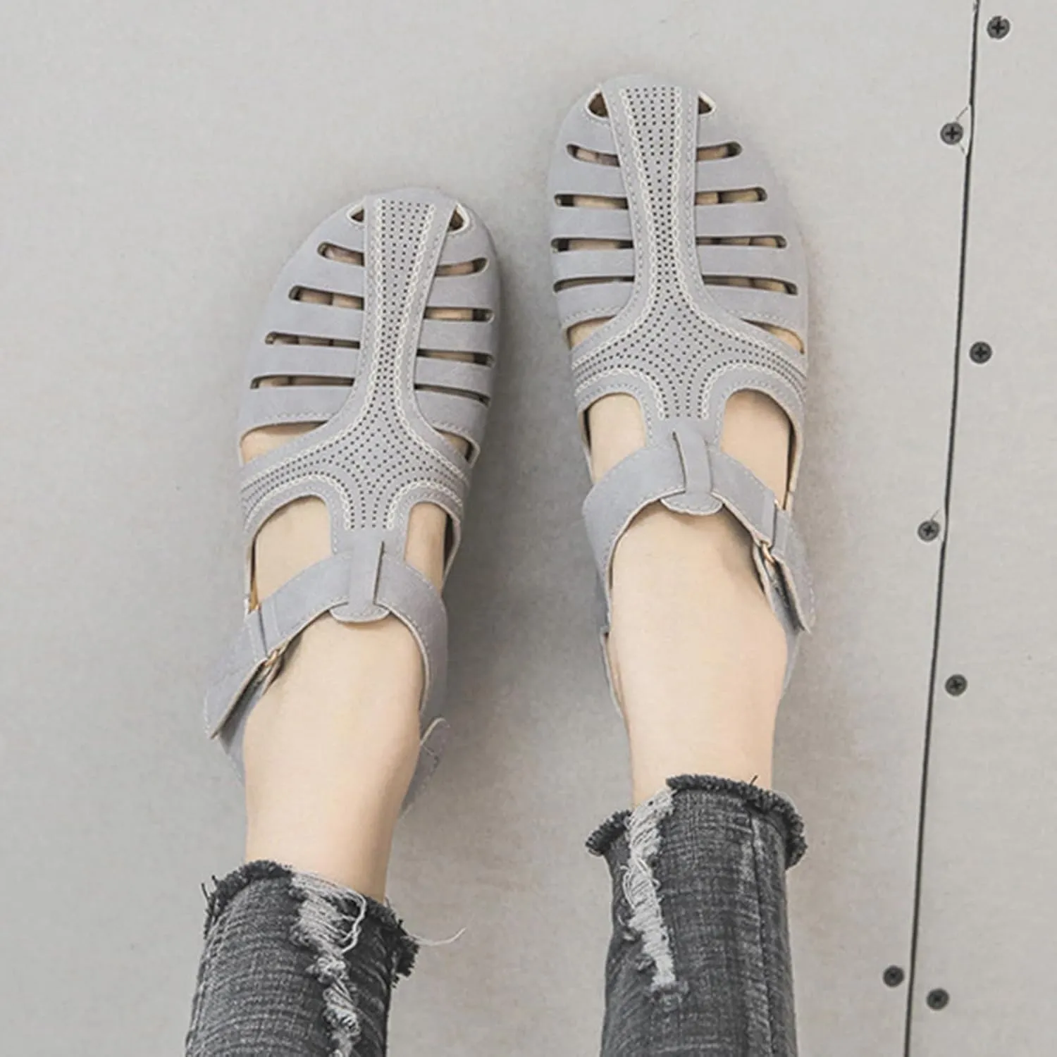 Gladiator Sandals for Women Orthopedic Closed Toe Non Slip Wedge Sandals Breathable Hollow Out Hook and Loop Fastener Slides Sandal Soft Cushion Wedge Walking Shoes