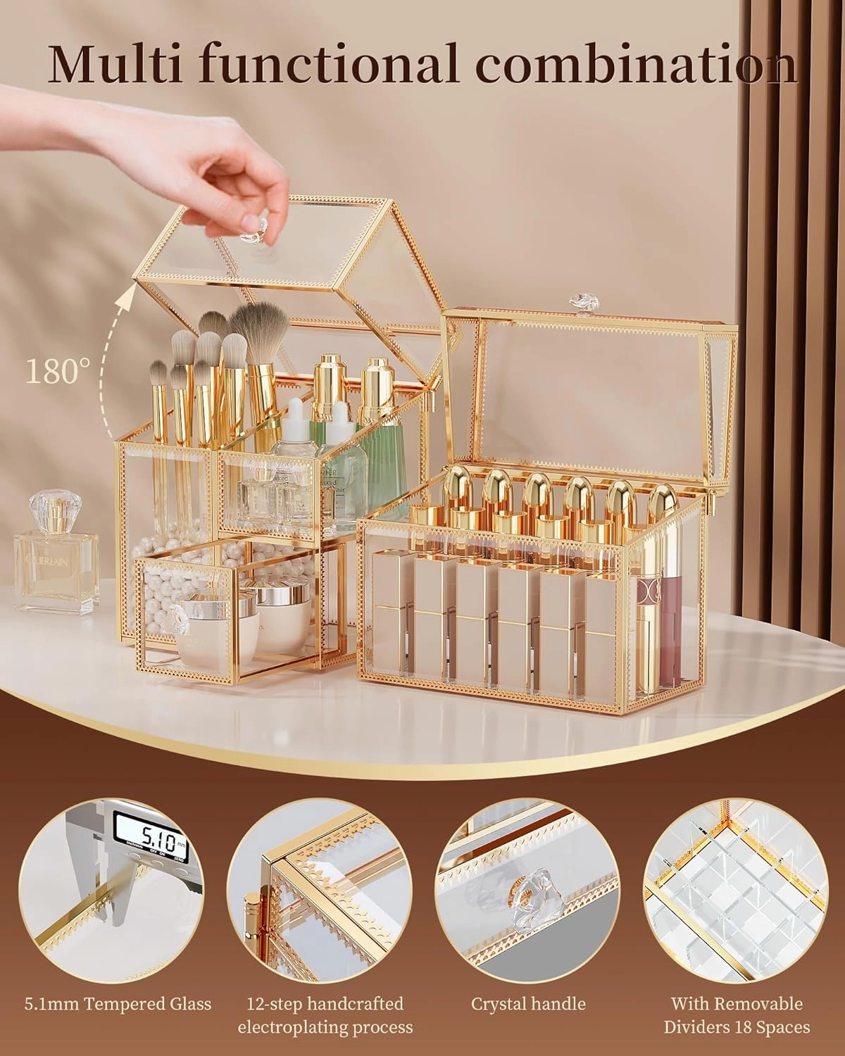 Glass Makeup Organizer Set – Vanity Organizer with 18-Slot Lipstick Organizer & Makeup Brush Holder with Lid – Skincare, Perfume & Cosmetic Storage for Bathroom or Dresser