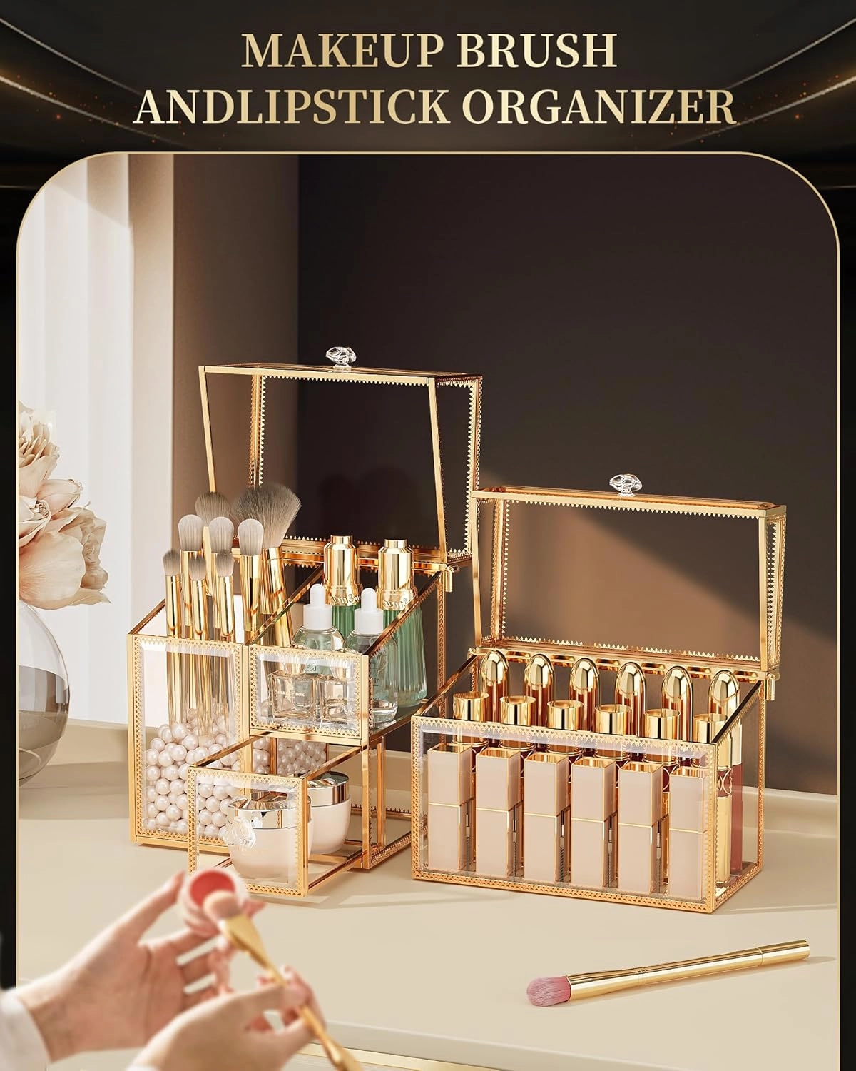 Glass Makeup Organizer Set – Vanity Organizer with 18-Slot Lipstick Organizer & Makeup Brush Holder with Lid – Skincare, Perfume & Cosmetic Storage for Bathroom or Dresser