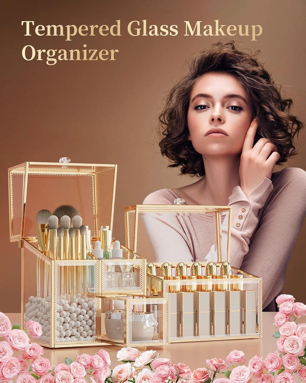 Glass Makeup Organizer Set – Vanity Organizer with 18-Slot Lipstick Organizer & Makeup Brush Holder with Lid – Skincare, Perfume & Cosmetic Storage for Bathroom or Dresser
