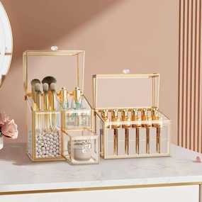 Glass Makeup Organizer Set – Vanity Organizer with 18-Slot Lipstick Organizer & Makeup Brush Holder with Lid – Skincare, Perfume & Cosmetic Storage for Bathroom or Dresser