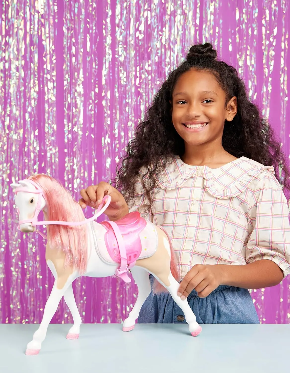 Glitter Girls – 14-inch Toy Horse – Bonnie – Pink Mane & Tail with Silver Hair Tinsels – Removable Saddle, Floral Blanket & Grooming Set – Doll Horse Accessories – Toys for Boys & Girls Ages 3 