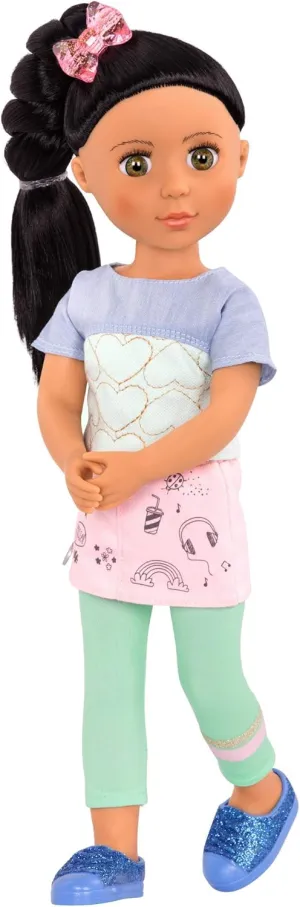 Glitter Girls – Soo Ji 14-inch Poseable Fashion Doll – Black Hair & Hazel Eyes —Hearts Outfit with Blue Glitter Shoes – Toys, Clothes, and Accessories for Kids Ages 3 