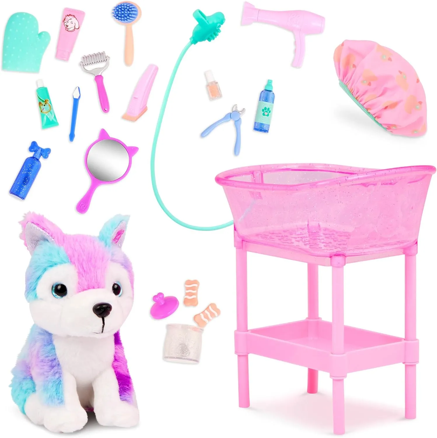 Glitter Girls – Stuffed Dog Playset – Bathtub and Puppy Grooming – Toy Shampoo, Hair Dryer & More – 14-inch Doll Accessories – Toys for Kids 3 Years  – Puddles & GG Grooming Playset