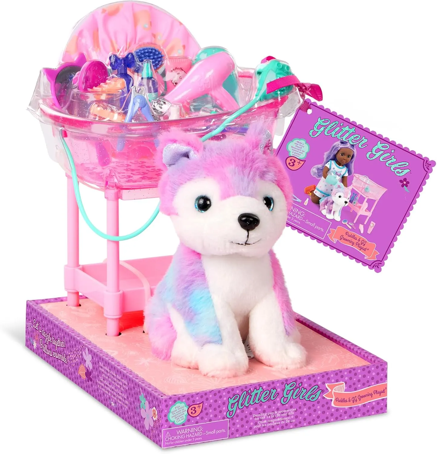 Glitter Girls – Stuffed Dog Playset – Bathtub and Puppy Grooming – Toy Shampoo, Hair Dryer & More – 14-inch Doll Accessories – Toys for Kids 3 Years  – Puddles & GG Grooming Playset
