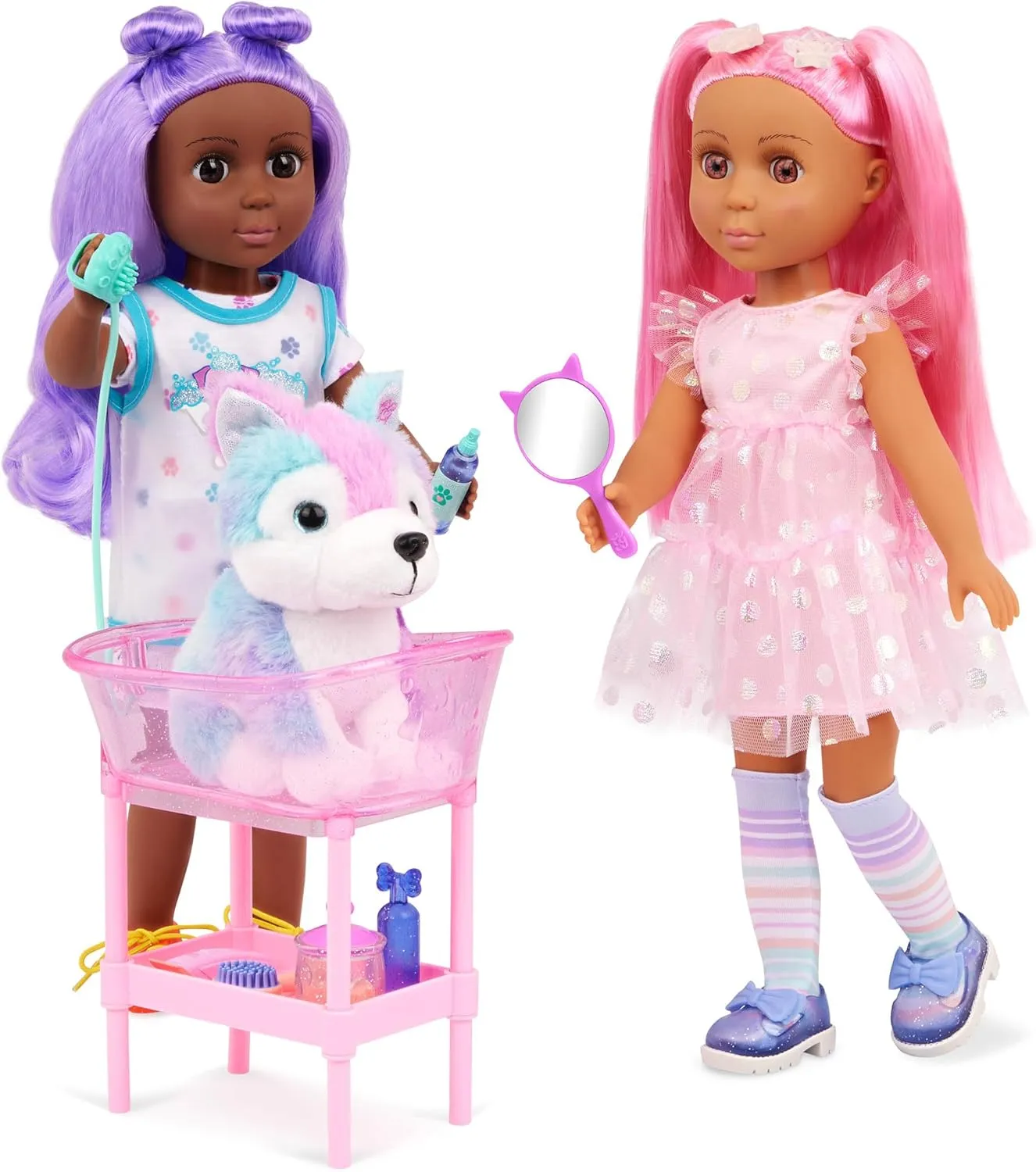 Glitter Girls – Stuffed Dog Playset – Bathtub and Puppy Grooming – Toy Shampoo, Hair Dryer & More – 14-inch Doll Accessories – Toys for Kids 3 Years  – Puddles & GG Grooming Playset