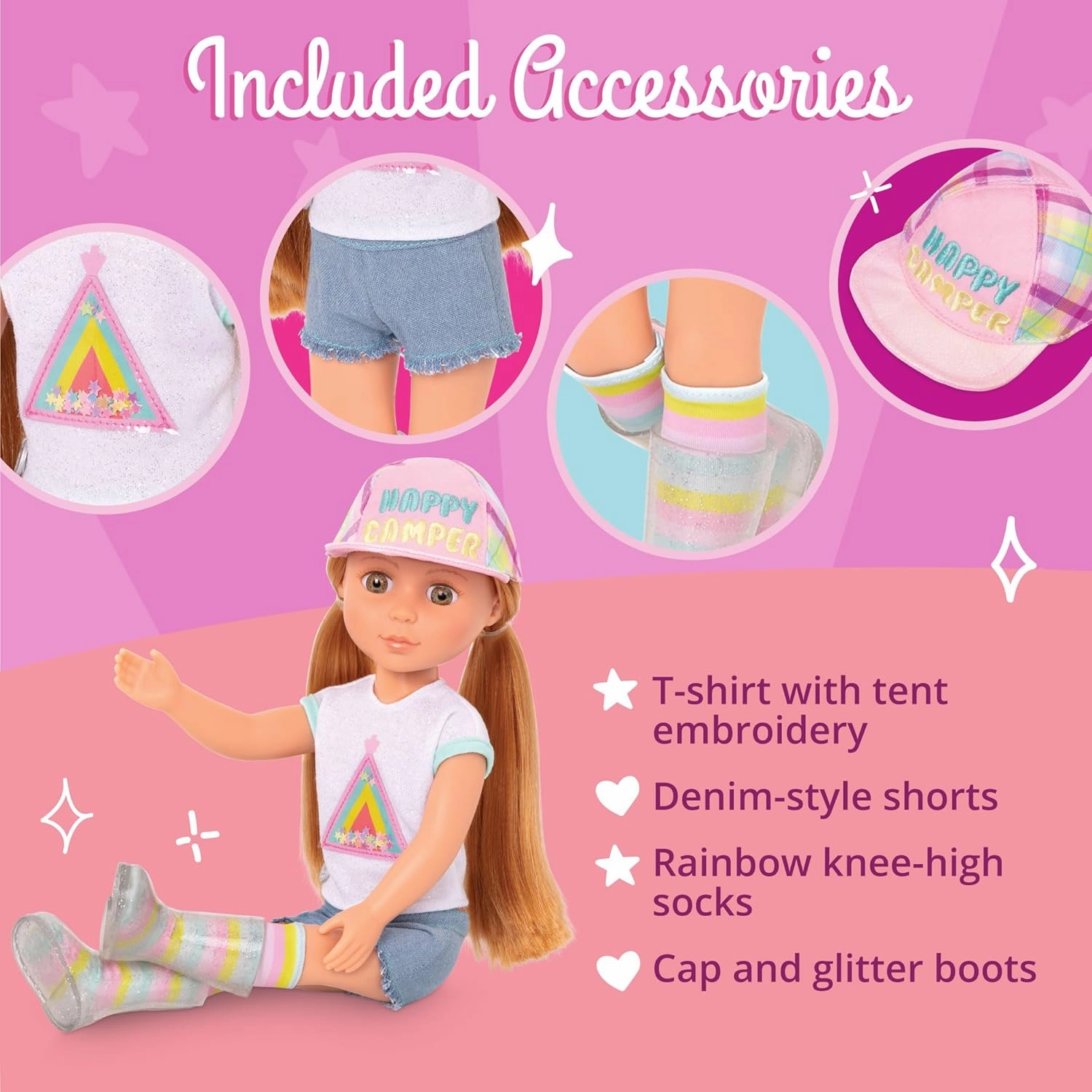 Glitter Girls – 14-Inch Doll Astrid – Poseable Arms & Legs – Light Red Hair & Hazel Eyes – Camping Outfit, Matching Cap, and Glitter Boots – 3 Years   – Astrid