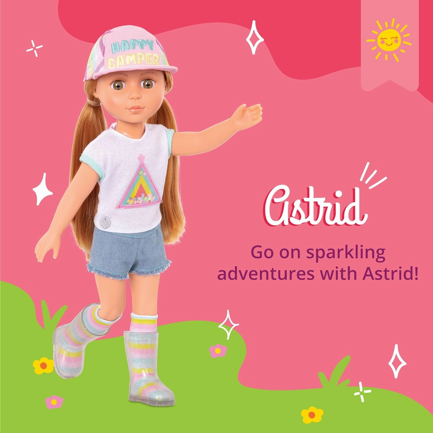 Glitter Girls – 14-Inch Doll Astrid – Poseable Arms & Legs – Light Red Hair & Hazel Eyes – Camping Outfit, Matching Cap, and Glitter Boots – 3 Years   – Astrid