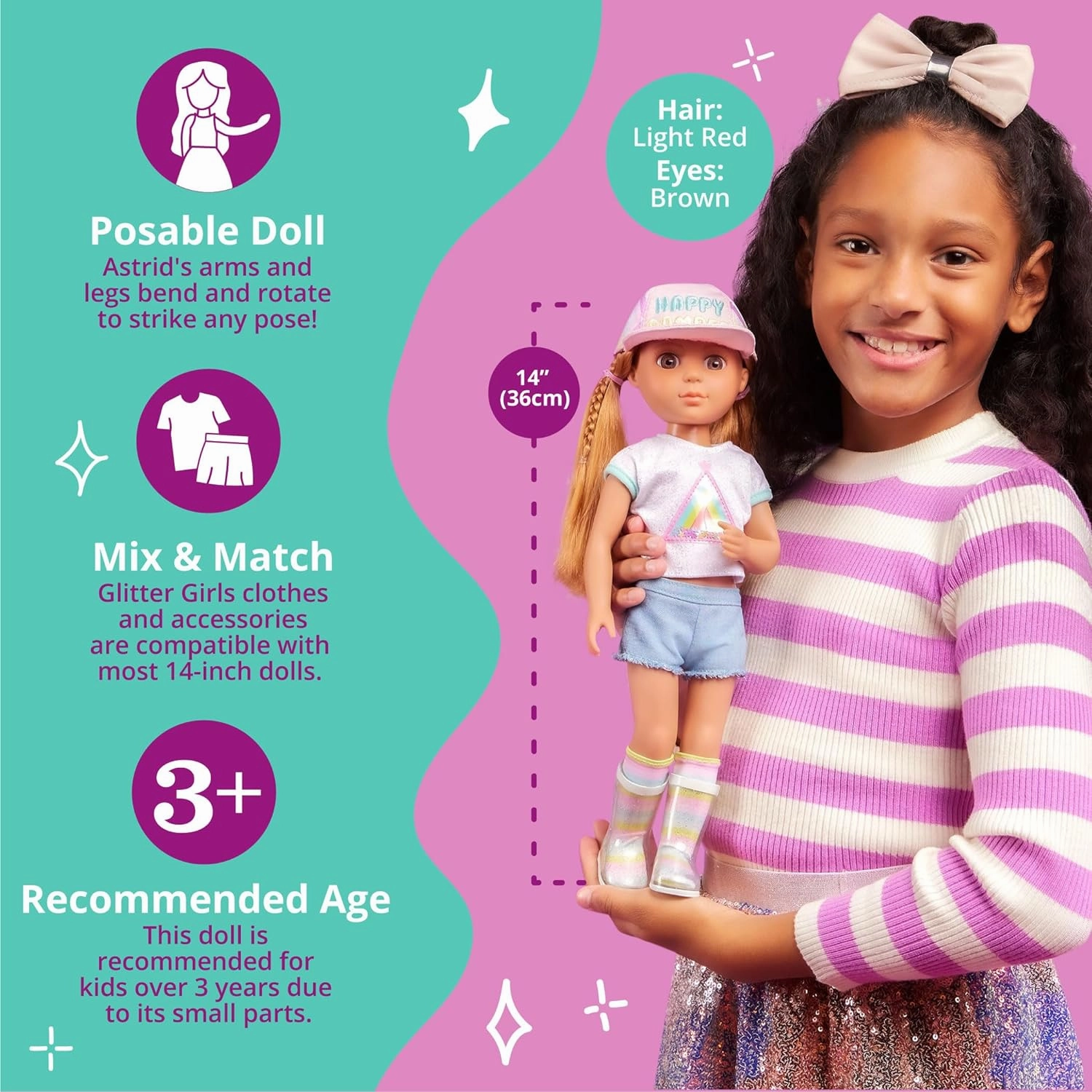 Glitter Girls – 14-Inch Doll Astrid – Poseable Arms & Legs – Light Red Hair & Hazel Eyes – Camping Outfit, Matching Cap, and Glitter Boots – 3 Years   – Astrid