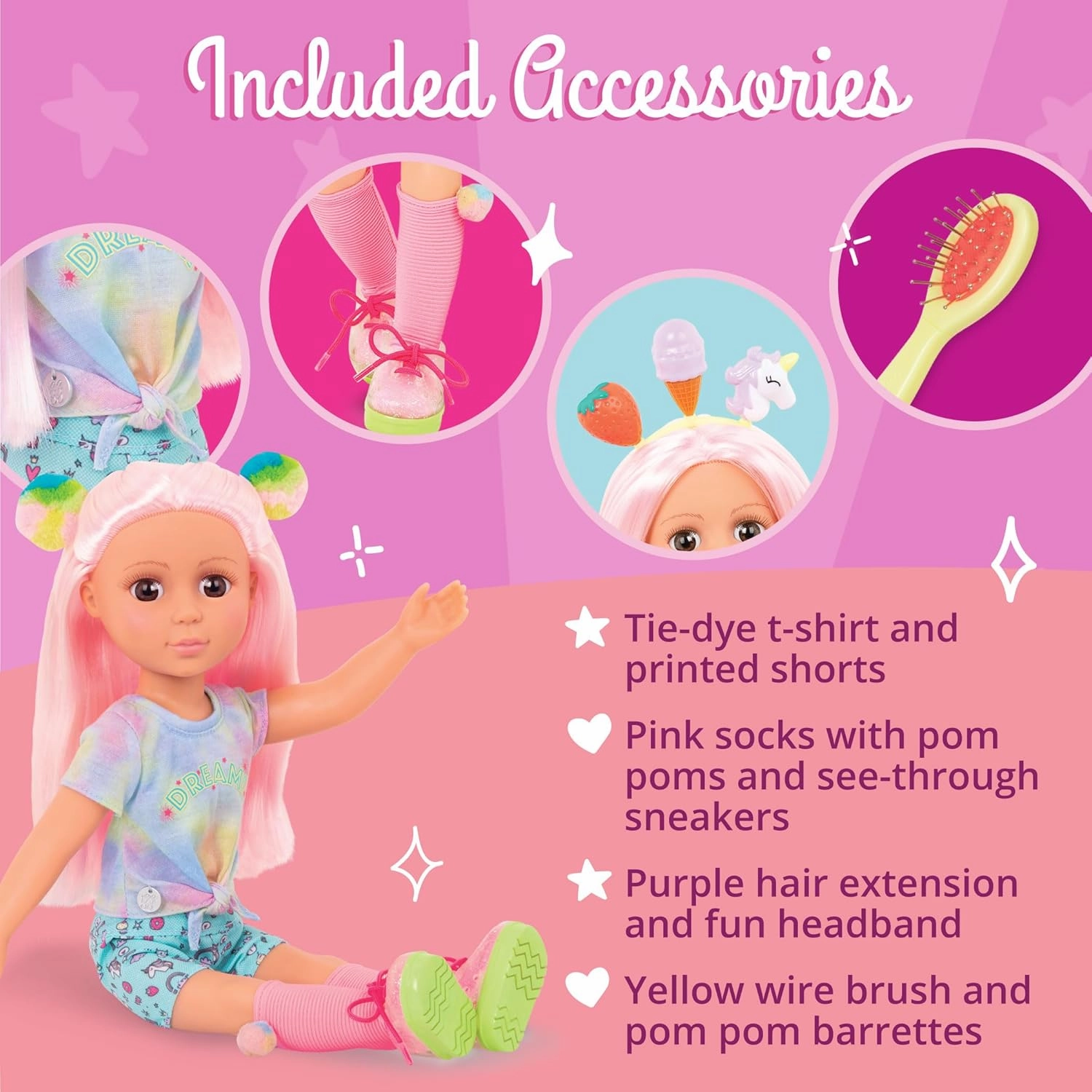 Glitter Girls Nixie 14 inch Doll Wearing Colored Outfit with Hair Accessories and Toy Food Props – Dolls for 3  Years Old Girls