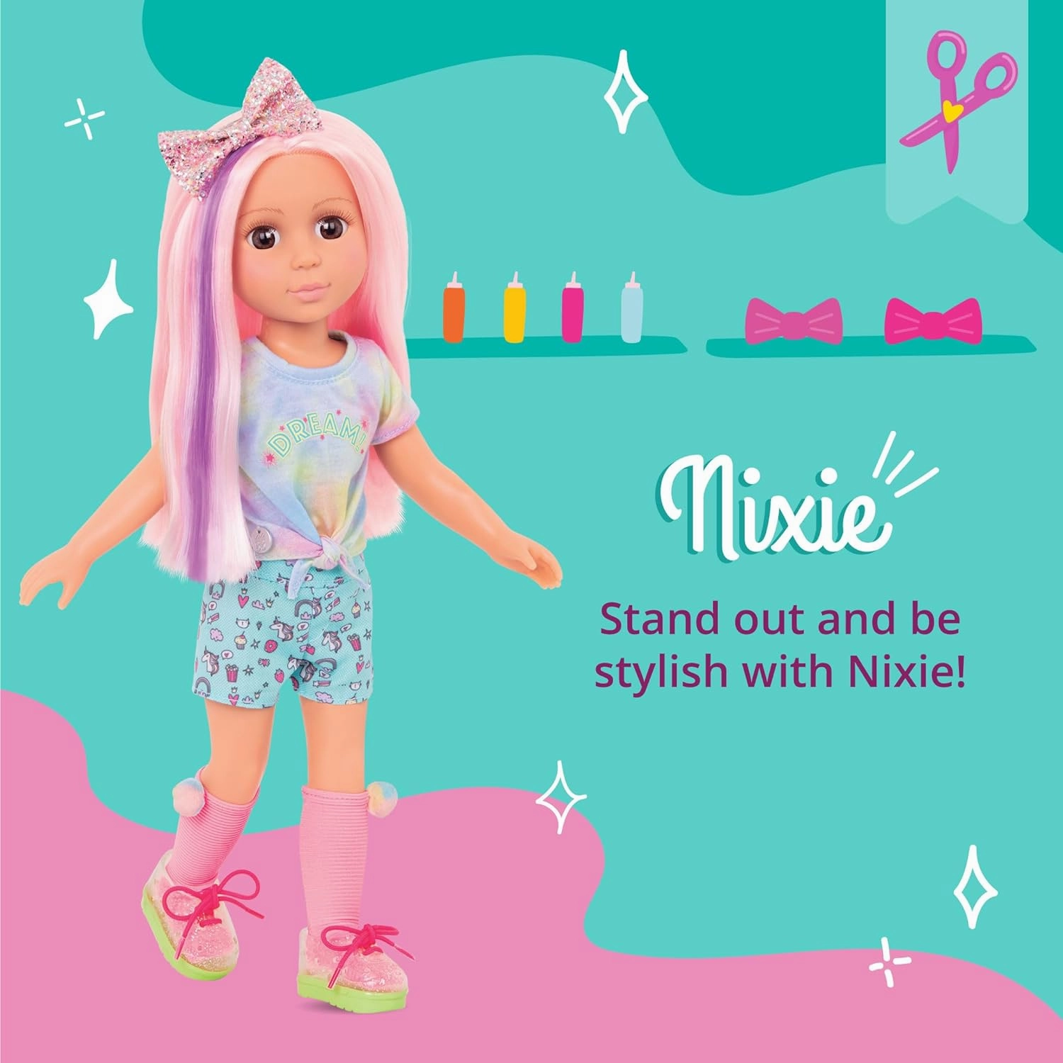 Glitter Girls Nixie 14 inch Doll Wearing Colored Outfit with Hair Accessories and Toy Food Props – Dolls for 3  Years Old Girls