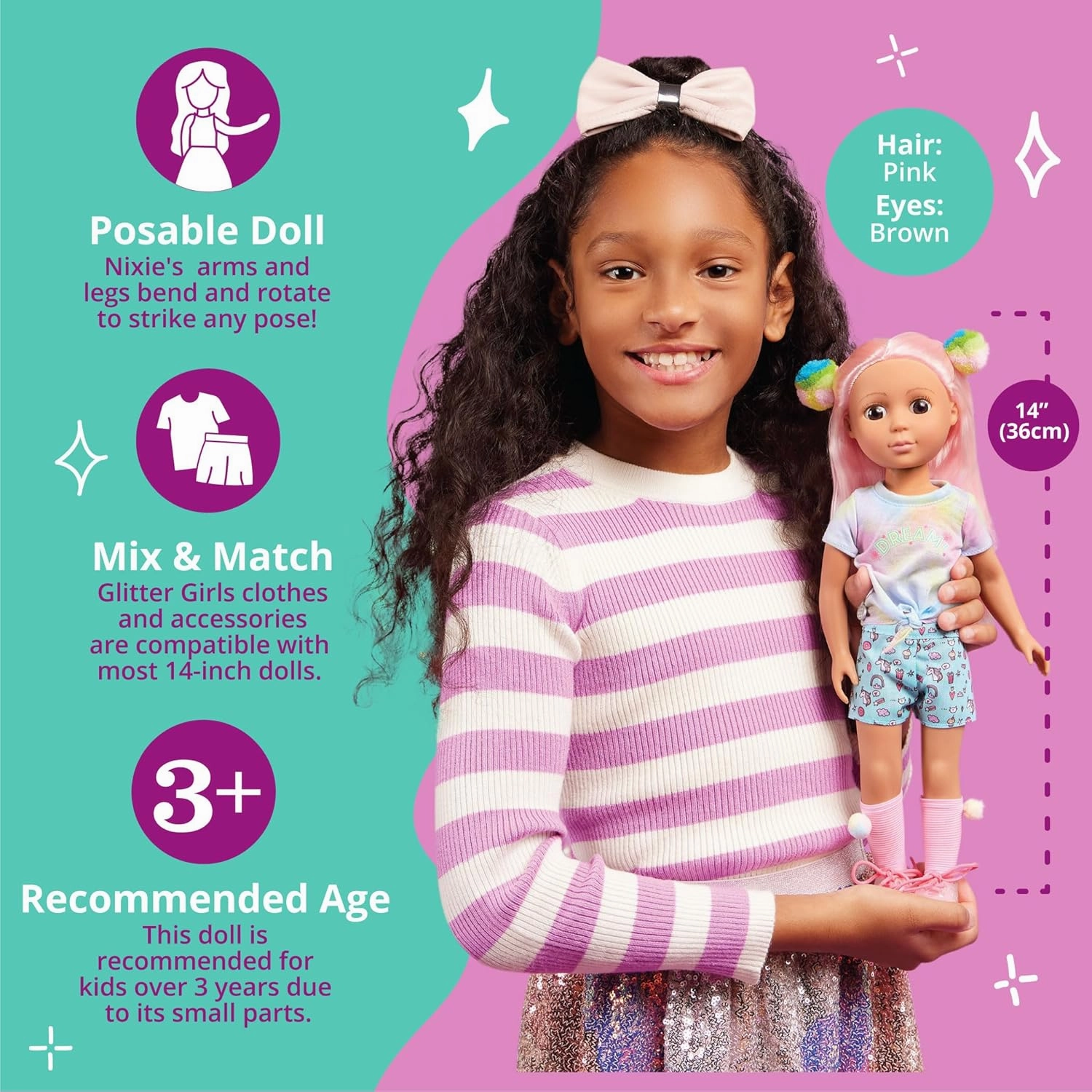 Glitter Girls Nixie 14 inch Doll Wearing Colored Outfit with Hair Accessories and Toy Food Props – Dolls for 3  Years Old Girls