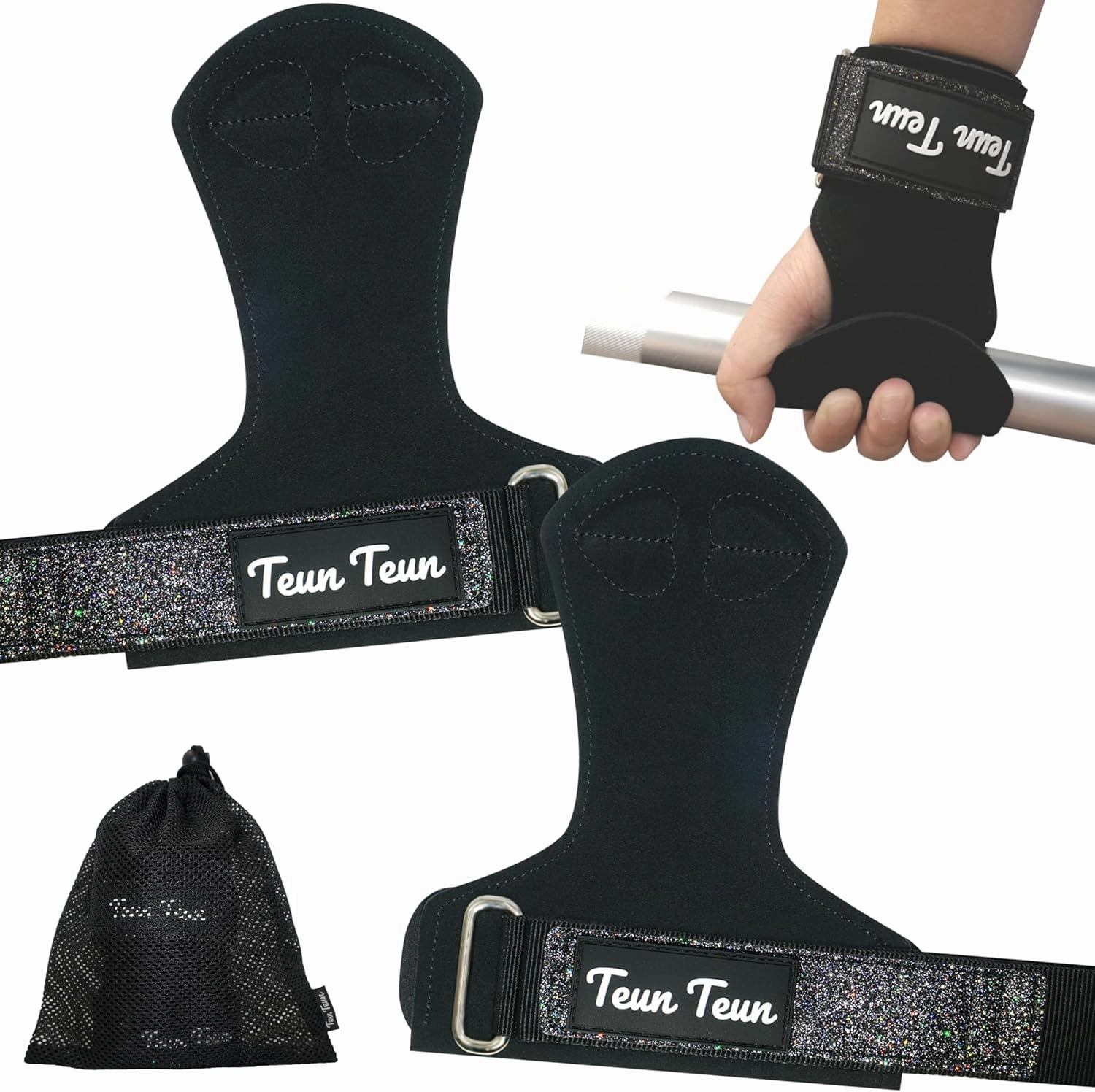 Glitter Wrist Straps for Weightlifting, Women's Gym Lifting Straps for Deadlift, Leather Workout Weight Lifting Grips With Neoprene Padded Wrist Wraps Support