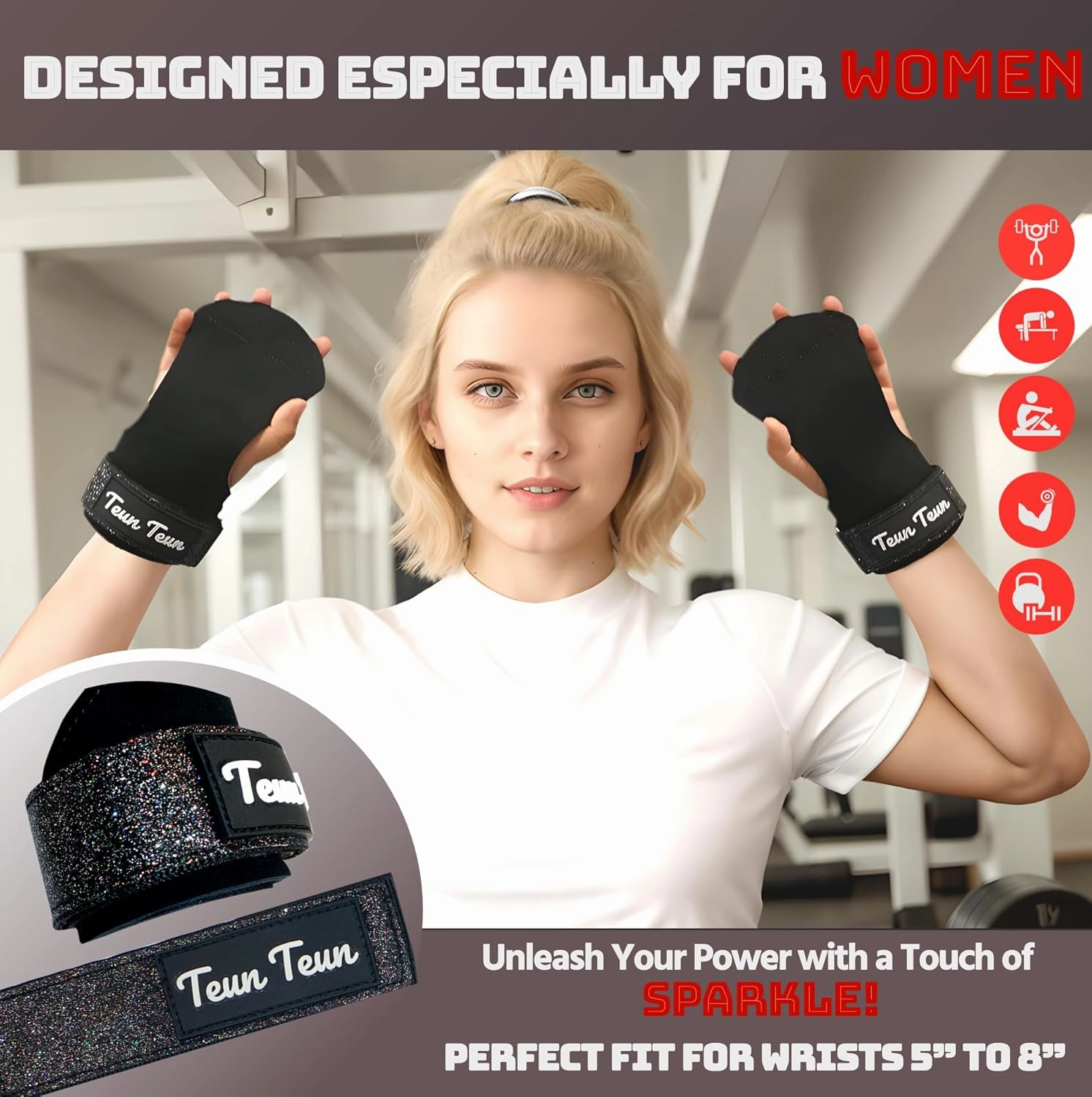 Glitter Wrist Straps for Weightlifting, Women's Gym Lifting Straps for Deadlift, Leather Workout Weight Lifting Grips With Neoprene Padded Wrist Wraps Support