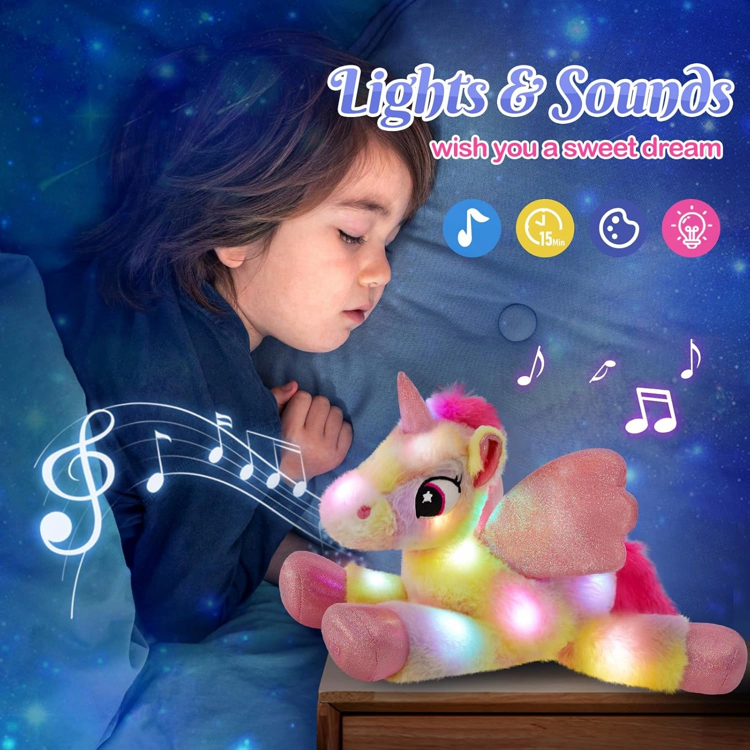 Glow Guards 18" Light up Musical Rainbow Unicorn Stuffed Animal,Glitter Sequins Unicorn Plush Toy,Children's Day Birthday Holiday for Girls Toddlers