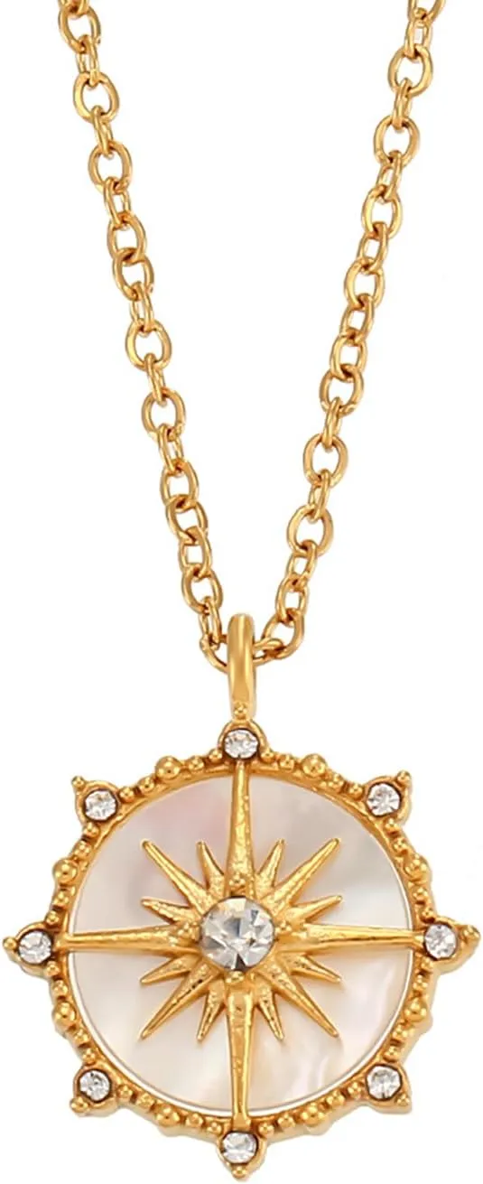 Gold Compass Necklace for Women Eight-Pointed Star Necklaces Celestial Jewelry with Lucky Wheel Charm 18K Gold Plated Stainless Steel North Star Pendant Fashion Jewelry for Women