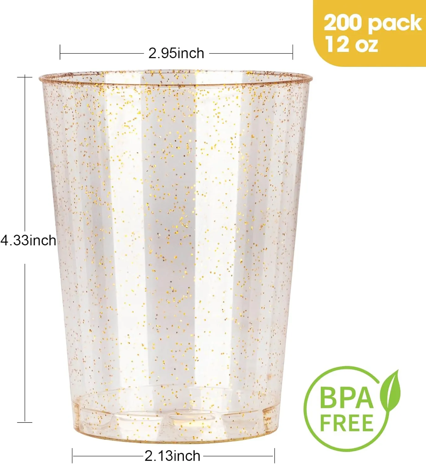 Goodluck 12 oz 200 PCS Gold Glitter Plastic Cups, Disposable Glitter Cups, Elegant Plastic Cocktail Glasses, Fancy Party Cups for Wedding, Birthday, Holiday