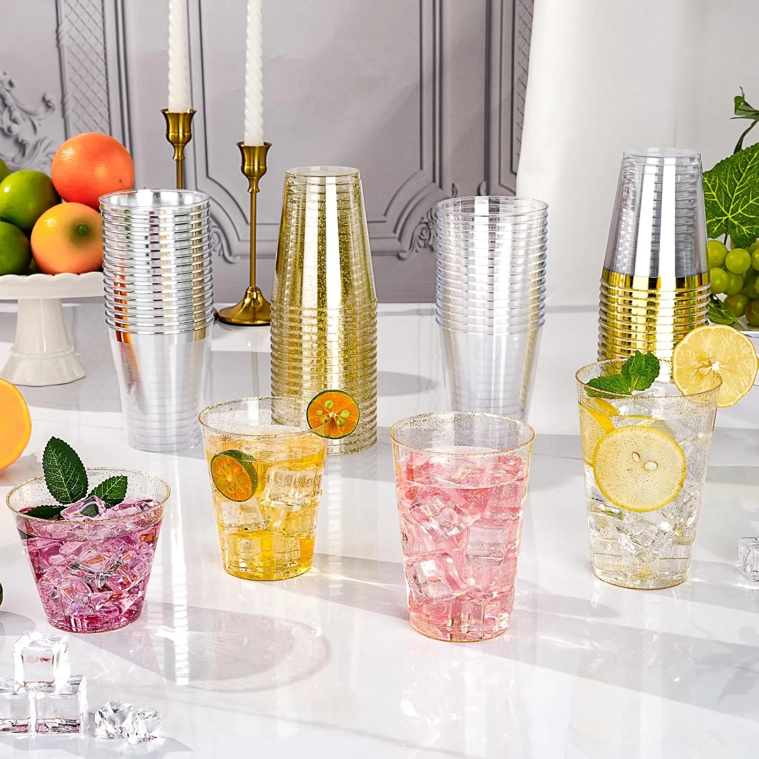 Goodluck 12 oz 200 PCS Gold Glitter Plastic Cups, Disposable Glitter Cups, Elegant Plastic Cocktail Glasses, Fancy Party Cups for Wedding, Birthday, Holiday