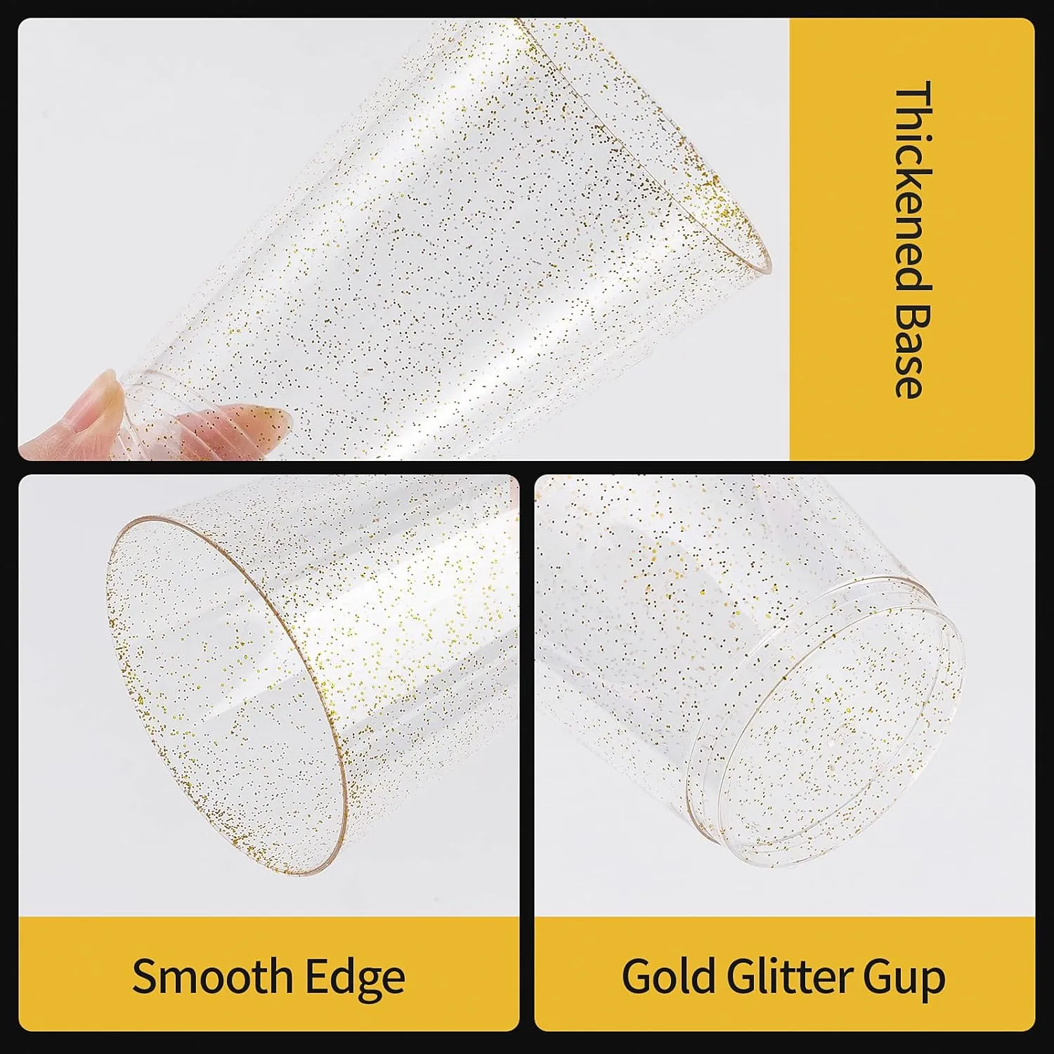 Goodluck 12 oz 200 PCS Gold Glitter Plastic Cups, Disposable Glitter Cups, Elegant Plastic Cocktail Glasses, Fancy Party Cups for Wedding, Birthday, Holiday