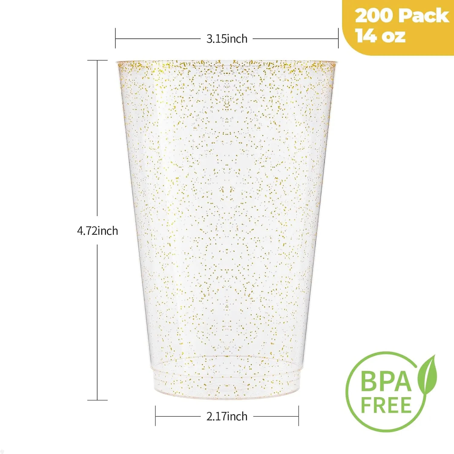 Goodluck 14 oz 200 PCS Gold Glitter Plastic Cups, Disposable Glitter Cups, Elegant Plastic Cocktail Glasses, Fancy Party Cups for Wedding, Birthday, Holiday