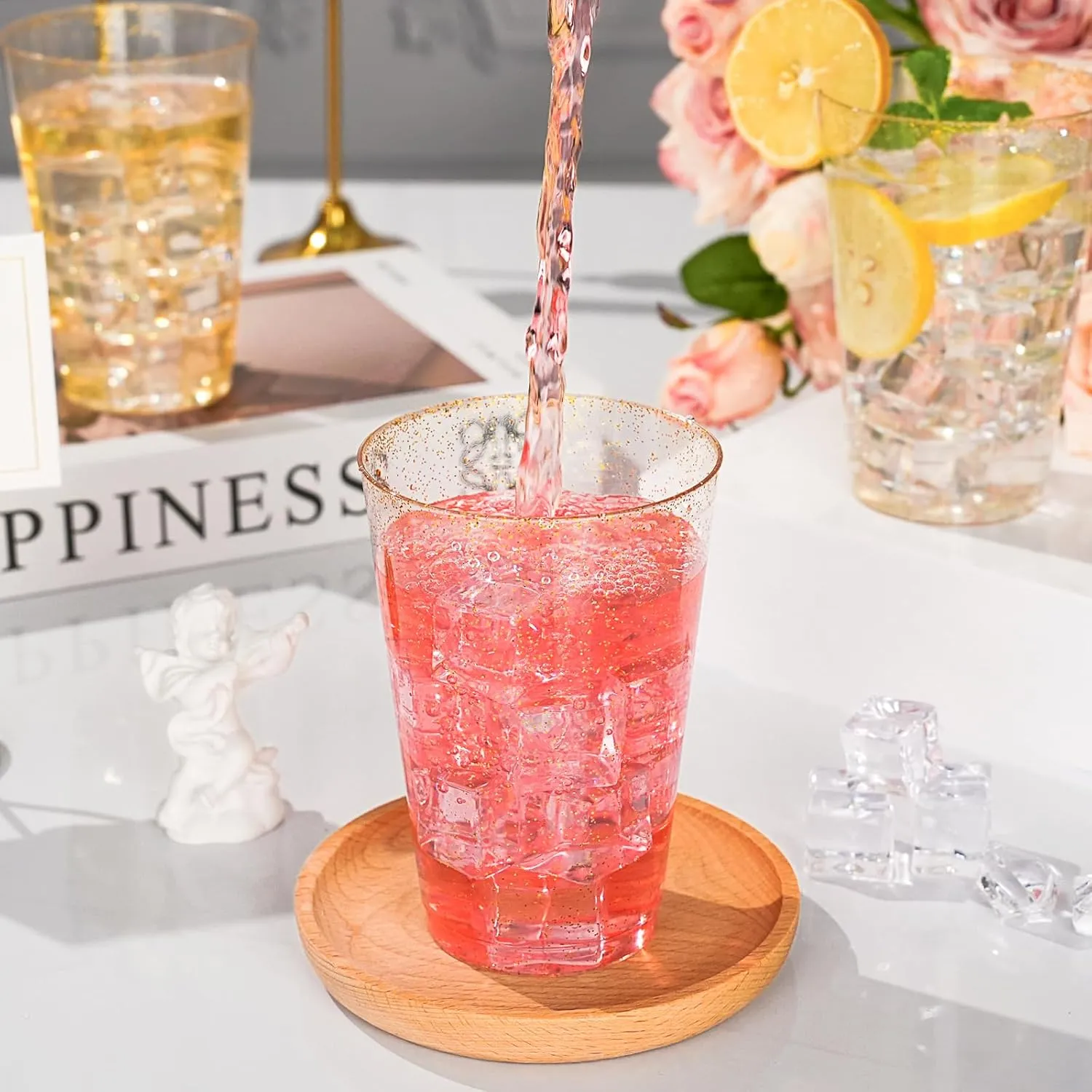 Goodluck 14 oz 200 PCS Gold Glitter Plastic Cups, Disposable Glitter Cups, Elegant Plastic Cocktail Glasses, Fancy Party Cups for Wedding, Birthday, Holiday