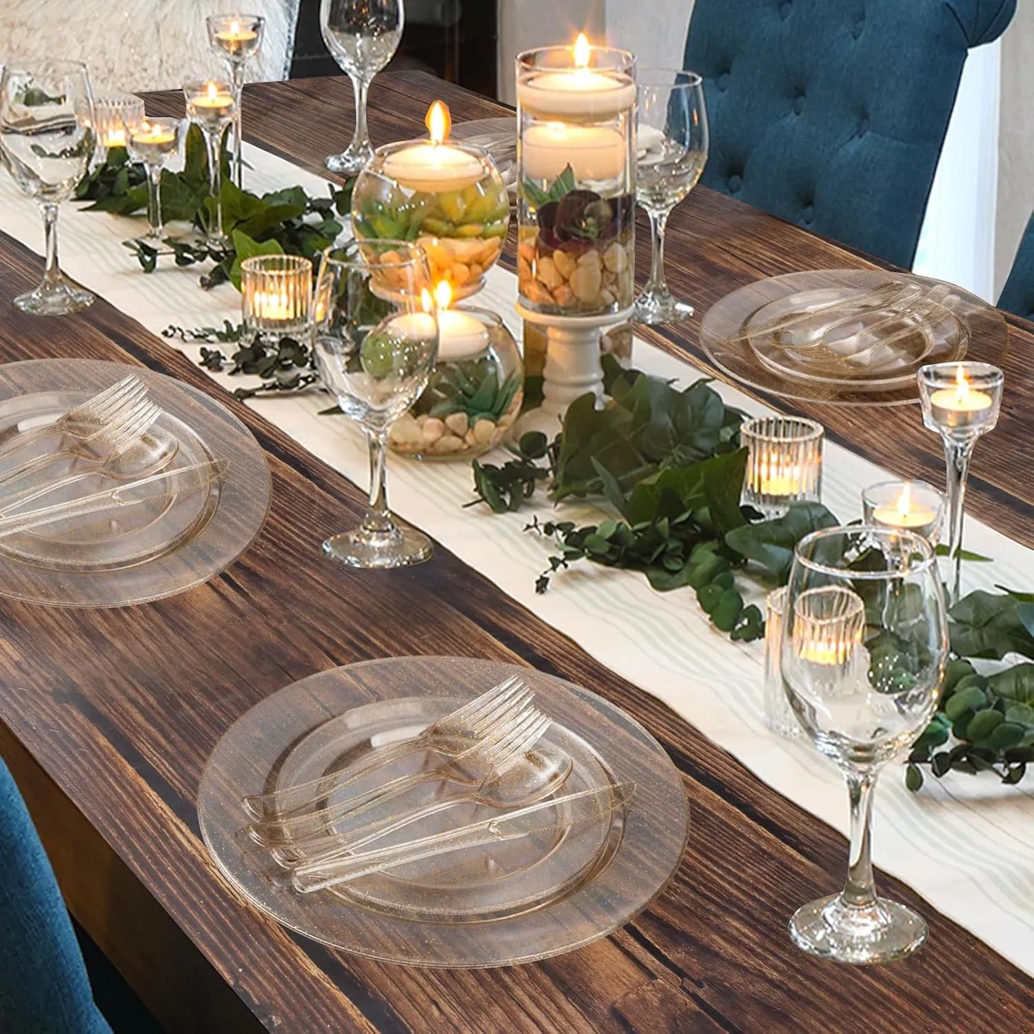 Goodluck Gold Glitter Plastic Plates - 200PCS Set: 100 Dinner (10.25 Inch), 100 Dessert (7.5 Inch) Plates - Disposable, Suitable for Parties, Weddings, Christmas