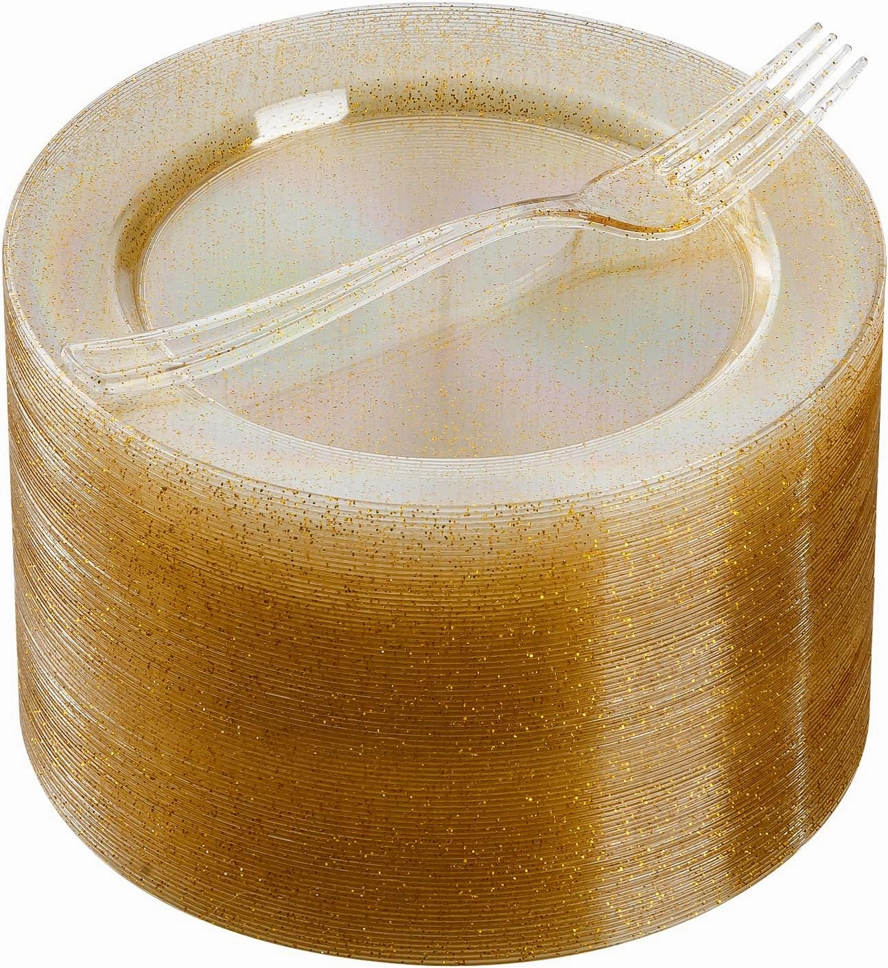 Goodluck 120PCS Gold Glitter Plates with Plastic Forks, Gold Dessert Plates for 60 Guests, Heavy Duty Disposable Plates for Party, Including 60 7" Plastic Plates and 60 7.4" Plastic Forks
