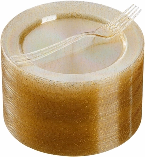 Goodluck 120PCS Gold Glitter Plates with Plastic Forks, Gold Dessert Plates for 60 Guests, Heavy Duty Disposable Plates for Party, Including 60 7" Plastic Plates and 60 7.4" Plastic Forks