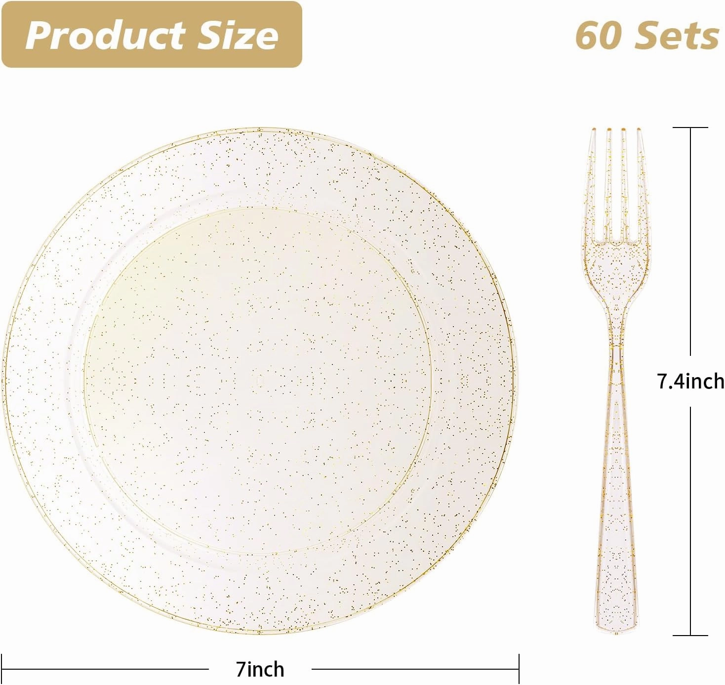 Goodluck 120PCS Gold Glitter Plates with Plastic Forks, Gold Dessert Plates for 60 Guests, Heavy Duty Disposable Plates for Party, Including 60 7" Plastic Plates and 60 7.4" Plastic Forks