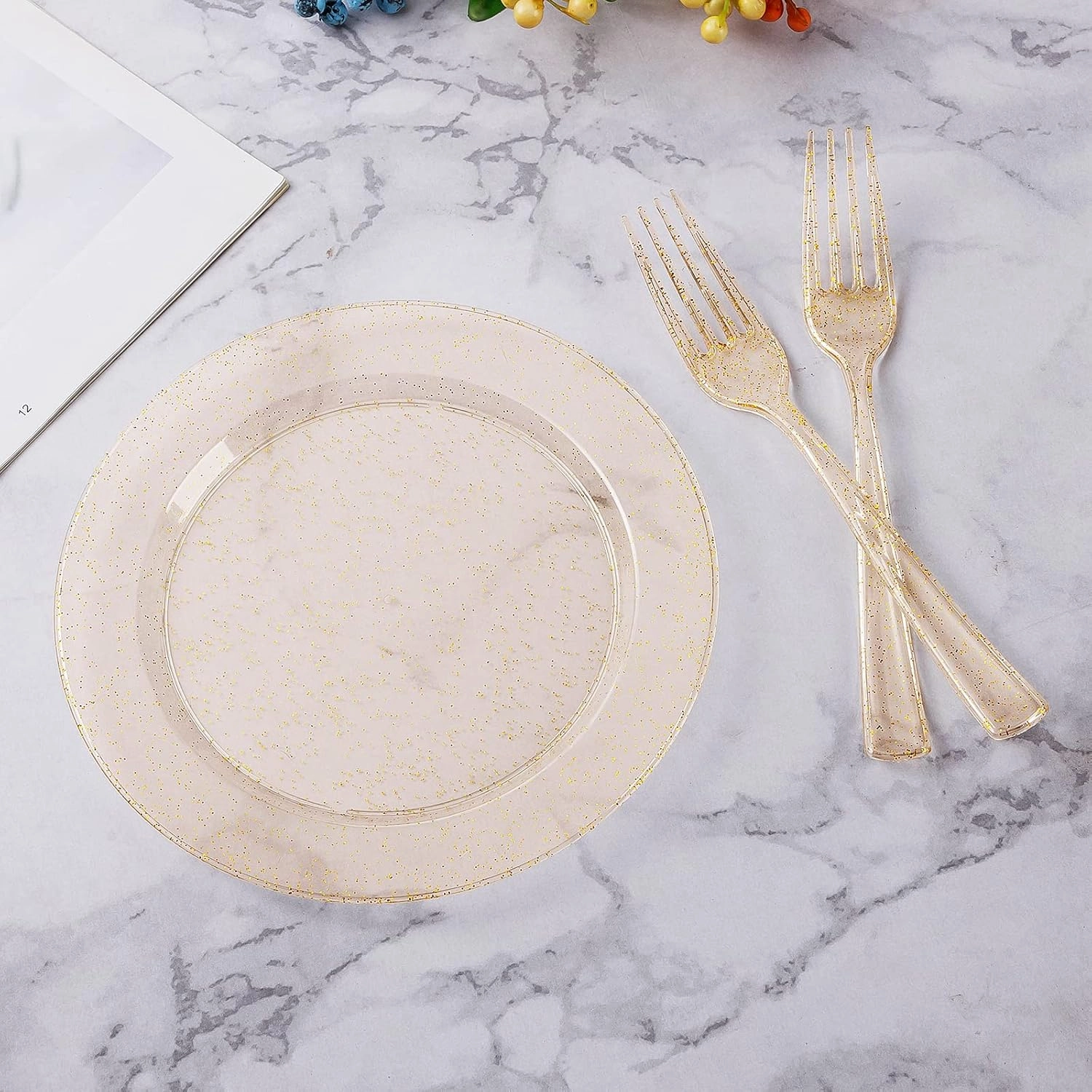 Goodluck 120PCS Gold Glitter Plates with Plastic Forks, Gold Dessert Plates for 60 Guests, Heavy Duty Disposable Plates for Party, Including 60 7" Plastic Plates and 60 7.4" Plastic Forks