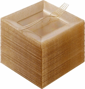 Goodluck 120PCS Square Gold Glitter Plates with Plastic Forks, Gold Dessert Plates for 60 Guests, Heavy Duty Disposable for Party, Including 60 6.5" Dishes and 60 7.4" Forks
