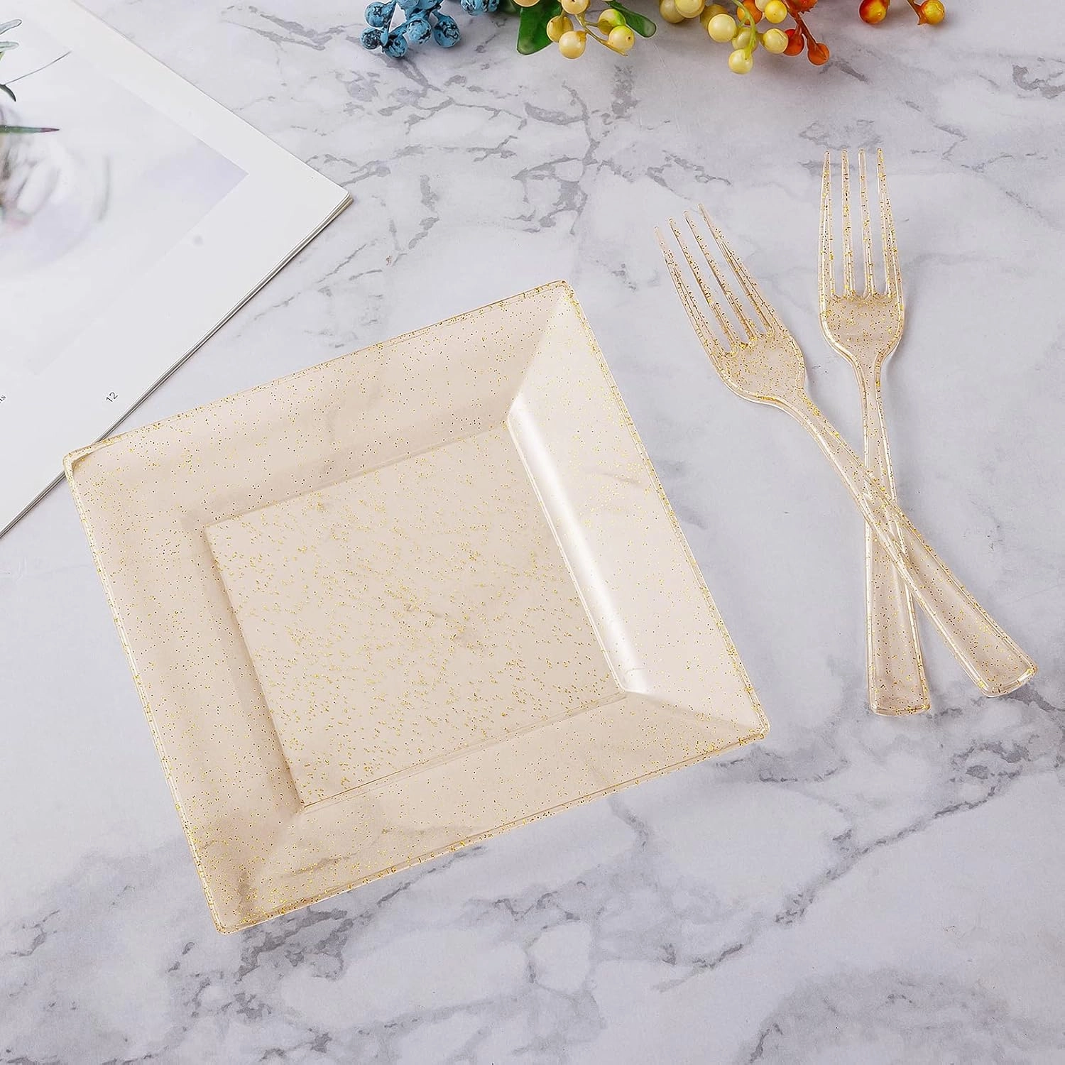 Goodluck 120PCS Square Gold Glitter Plates with Plastic Forks, Gold Dessert Plates for 60 Guests, Heavy Duty Disposable for Party, Including 60 6.5" Dishes and 60 7.4" Forks