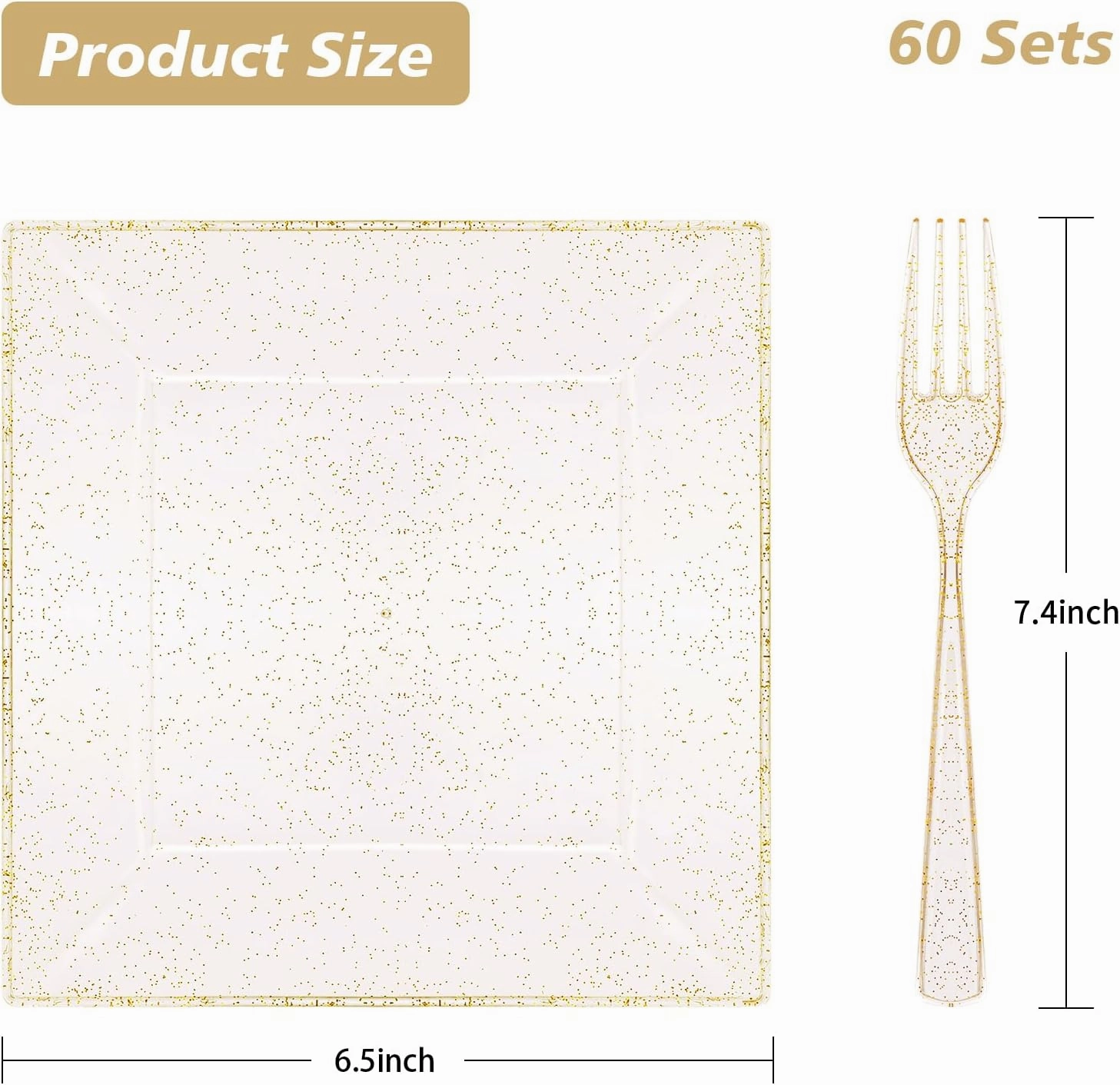 Goodluck 120PCS Square Gold Glitter Plates with Plastic Forks, Gold Dessert Plates for 60 Guests, Heavy Duty Disposable for Party, Including 60 6.5" Dishes and 60 7.4" Forks
