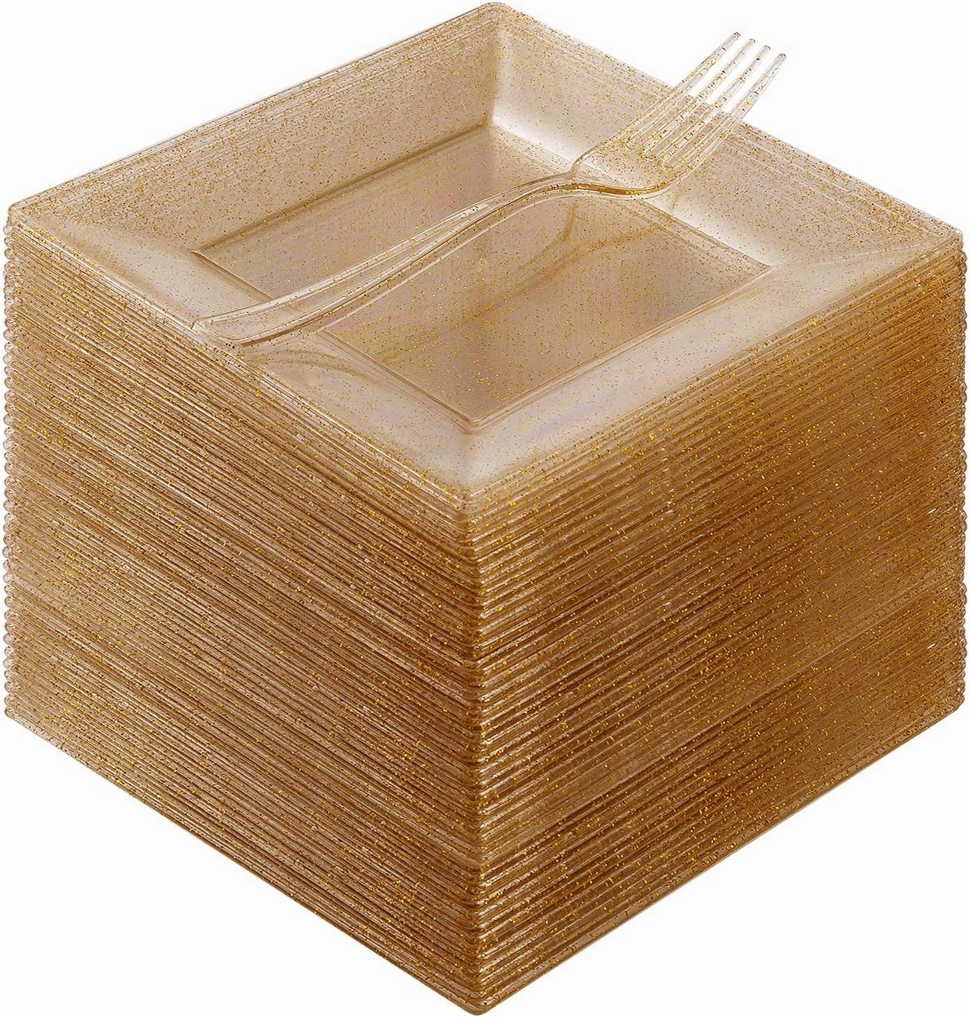 Goodluck 120PCS Square Gold Glitter Plates with Plastic Forks, Gold Dessert Plates for 60 Guests, Heavy Duty Disposable for Party, Including 60 6.5" Dishes and 60 7.4" Forks