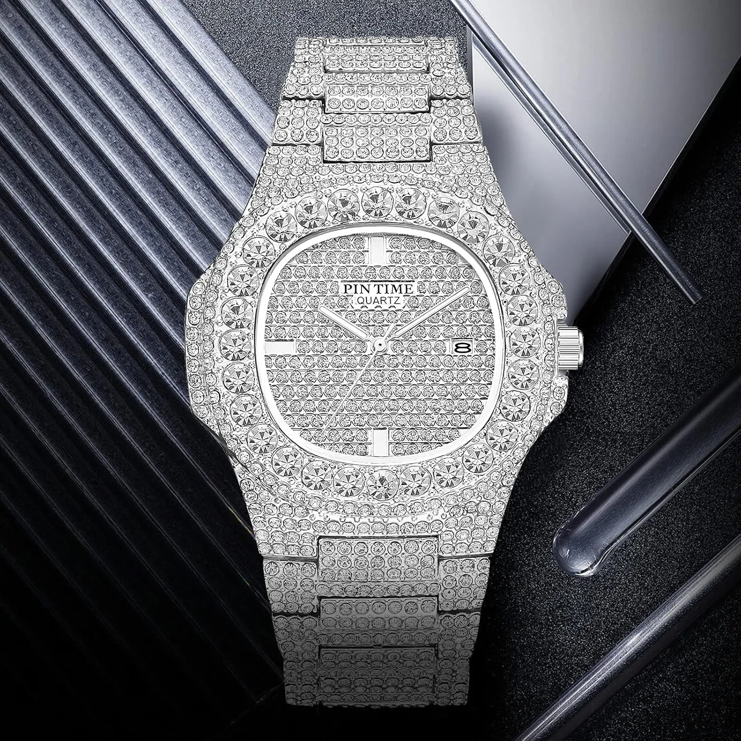 Gosasa Men's/Womens Unisex Crystal Watch Full Bling Iced-Out Cuban Watch Oblong Silver/Gold Wristwatch Hip-Hop Stainless Steel Bracelet Watch