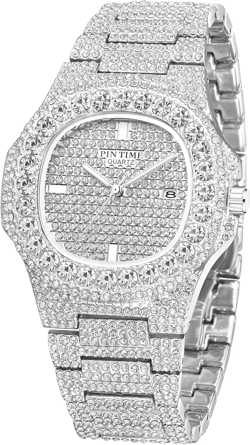 Gosasa Men's/Womens Unisex Crystal Watch Full Bling Iced-Out Cuban Watch Oblong Silver/Gold Wristwatch Hip-Hop Stainless Steel Bracelet Watch