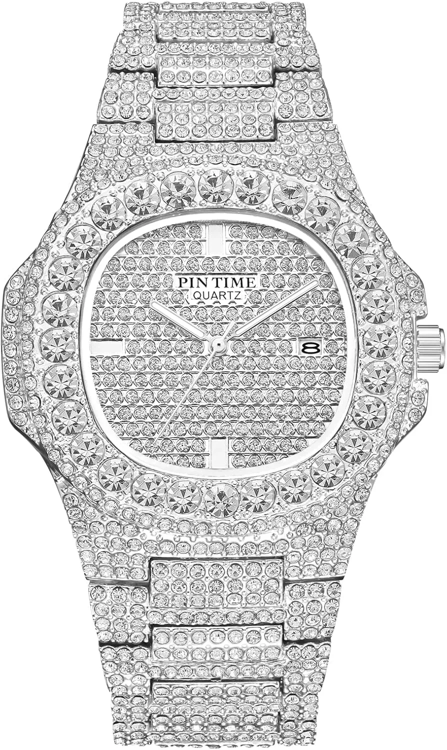 Gosasa Men's/Womens Unisex Crystal Watch Full Bling Iced-Out Cuban Watch Oblong Silver/Gold Wristwatch Hip-Hop Stainless Steel Bracelet Watch