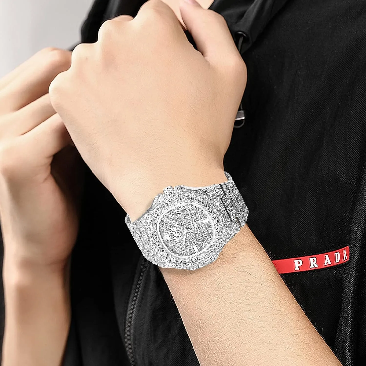 Gosasa Men's/Womens Unisex Crystal Watch Full Bling Iced-Out Cuban Watch Oblong Silver/Gold Wristwatch Hip-Hop Stainless Steel Bracelet Watch