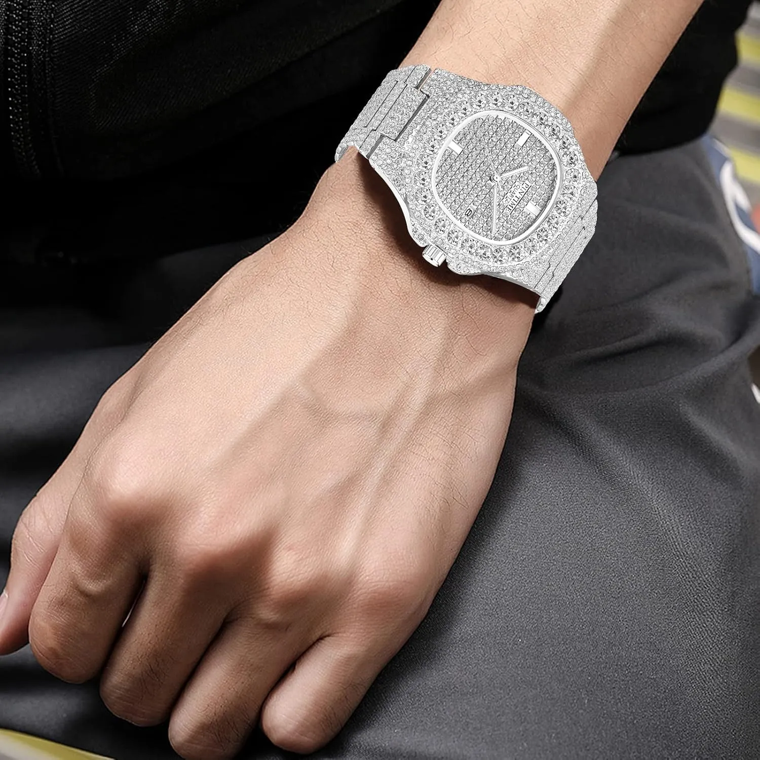 Gosasa Men's/Womens Unisex Crystal Watch Full Bling Iced-Out Cuban Watch Oblong Silver/Gold Wristwatch Hip-Hop Stainless Steel Bracelet Watch