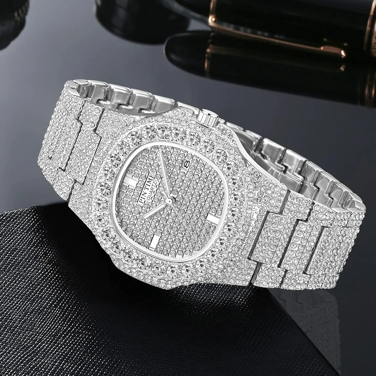 Gosasa Men's/Womens Unisex Crystal Watch Full Bling Iced-Out Cuban Watch Oblong Silver/Gold Wristwatch Hip-Hop Stainless Steel Bracelet Watch