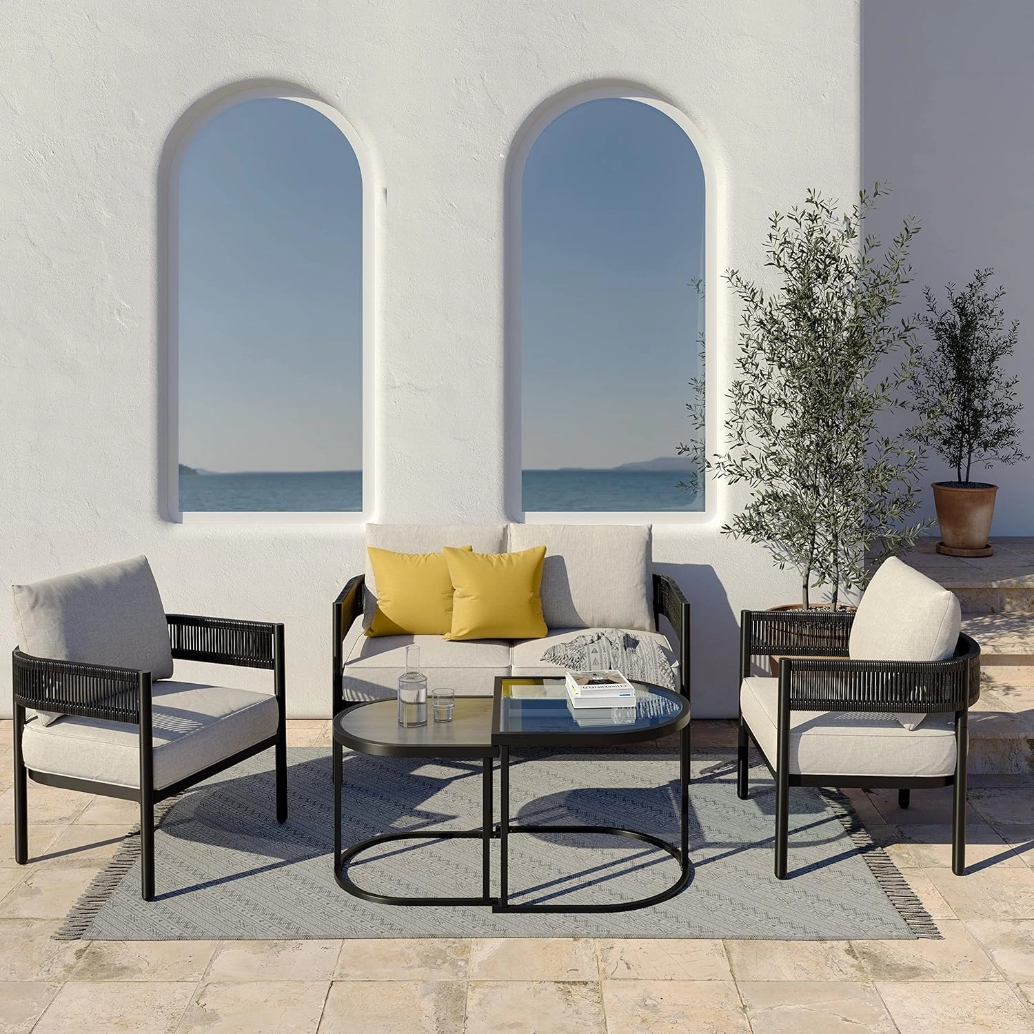 Grand patio 5-Piece Outdoor Furniture Set with Thick Cushions and Coffee Table, Wicker Sofa Conversation Set for Backyard, Beige