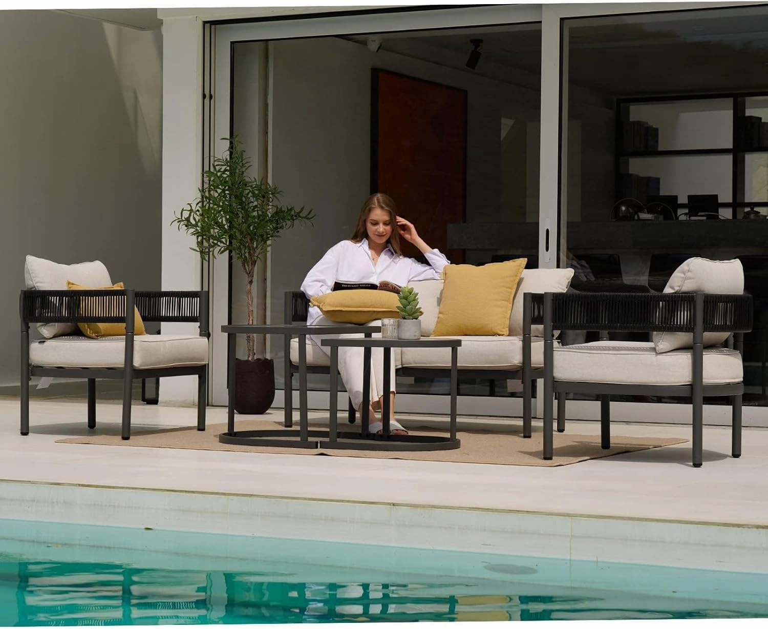 Grand patio 5-Piece Outdoor Furniture Set with Thick Cushions and Coffee Table, Wicker Sofa Conversation Set for Backyard, Beige